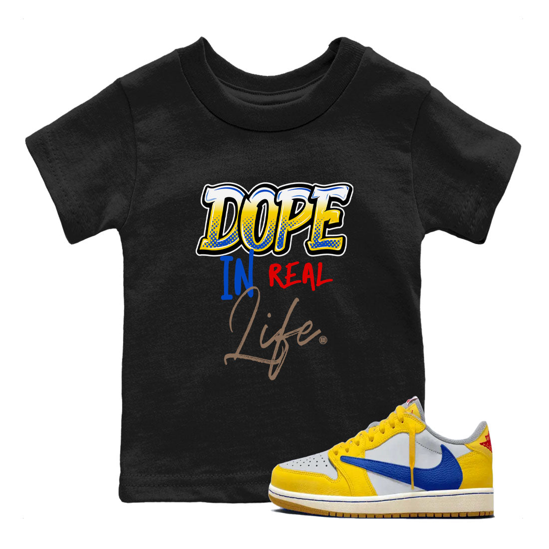 Air Jordan 1 Travis Scott Canary shirt to match jordans Dope In Real Life sneaker tees Air Jordan 1 Low x Travis Scott x Canary Drip Gear Zone baby toddler Black 1 cotton Shirt
