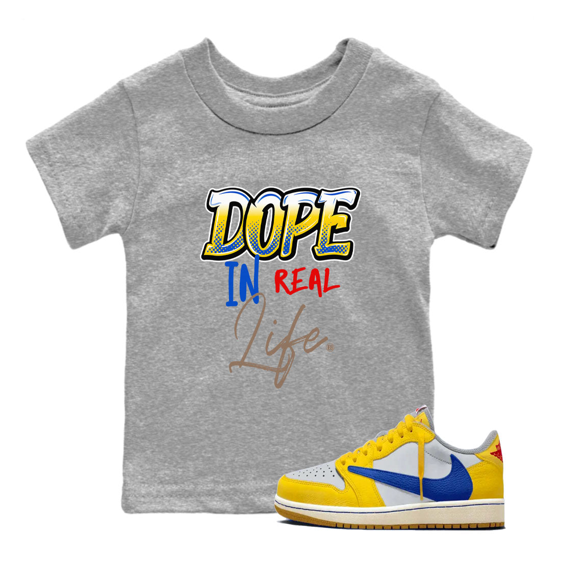 Air Jordan 1 Travis Scott Canary shirt to match jordans Dope In Real Life sneaker tees Air Jordan 1 Low x Travis Scott x Canary Drip Gear Zone baby toddler Heather Grey 1 cotton Shirt