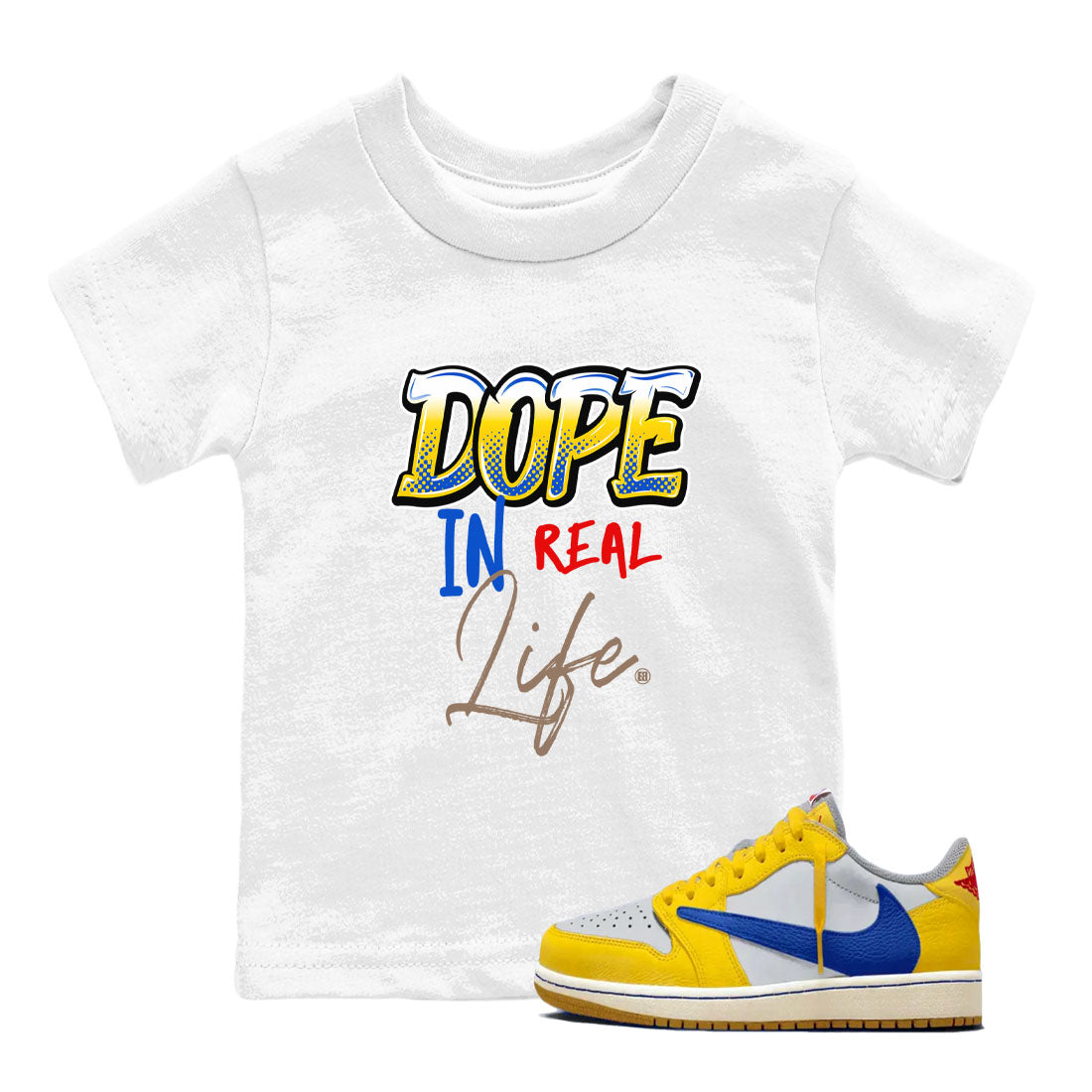 Air Jordan 1 Travis Scott Canary shirt to match jordans Dope In Real Life sneaker tees Air Jordan 1 Low x Travis Scott x Canary Drip Gear Zone baby toddler White 1 cotton Shirt