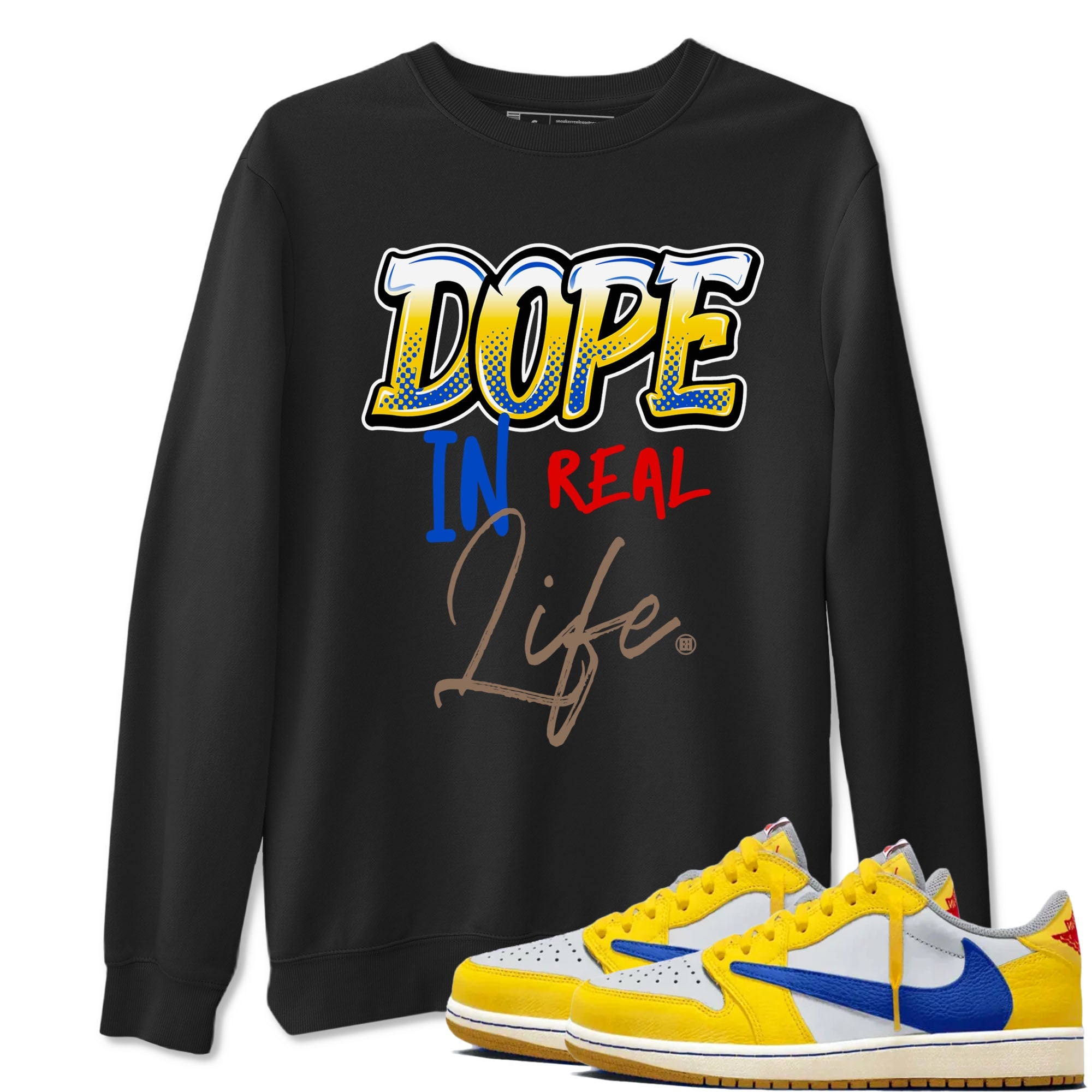 Air Jordan 1 Travis Scott Canary shirt to match jordans Dope In Real Life sneaker tees Air Jordan 1 Low x Travis Scott x Canary Drip Gear Zone unisex cotton Black 1 crew neck shirt