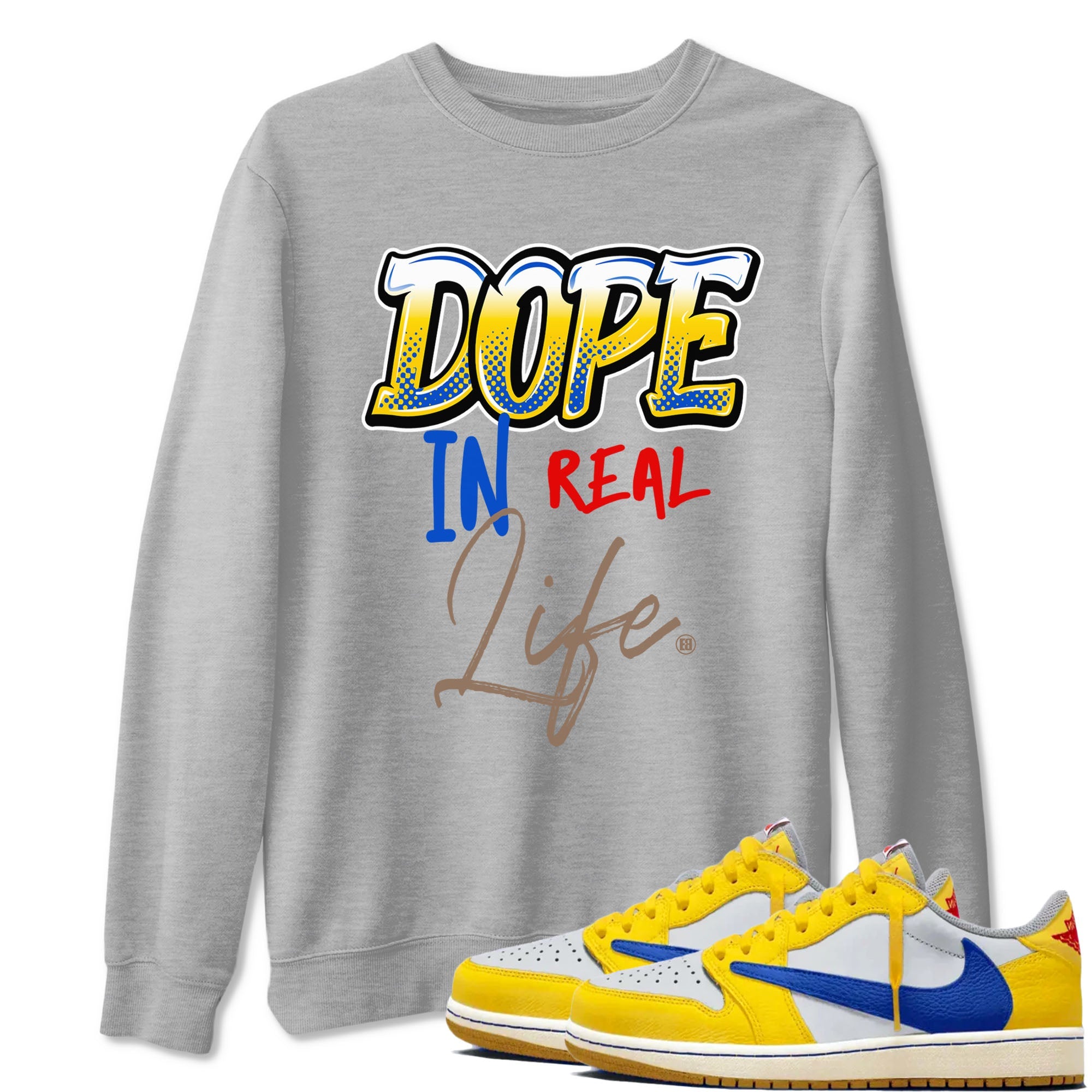 Air Jordan 1 Travis Scott Canary shirt to match jordans Dope In Real Life sneaker tees Air Jordan 1 Low x Travis Scott x Canary Drip Gear Zone unisex cotton Heather Grey 1 crew neck shirt