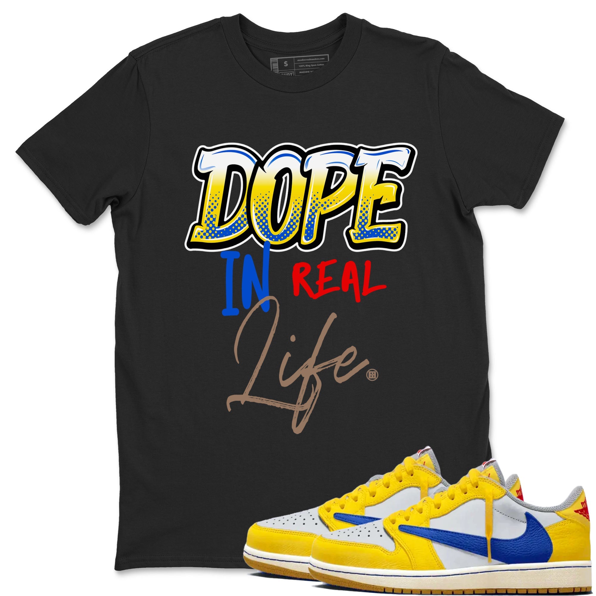 Air Jordan 1 Travis Scott Canary shirt to match jordans Dope In Real Life sneaker tees Air Jordan 1 Low x Travis Scott x Canary Drip Gear Zone unisex cotton Black 1 crew neck shirt