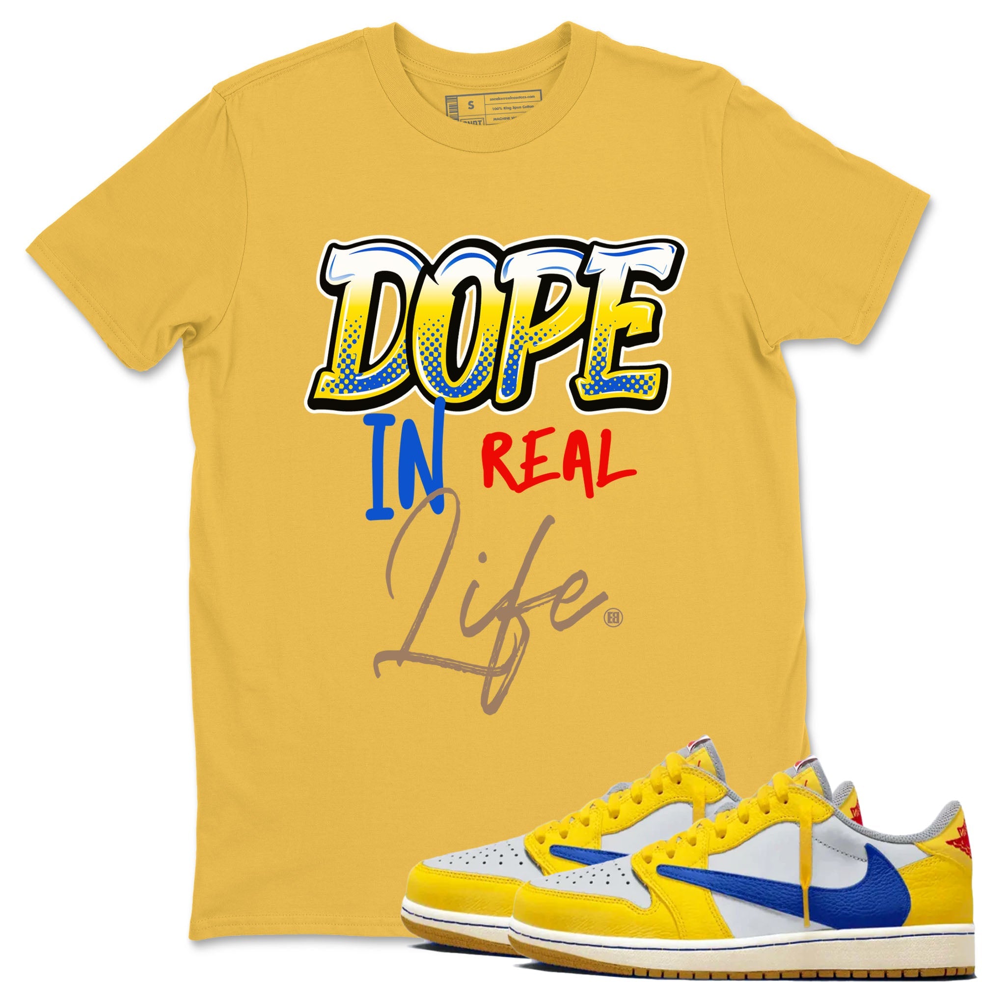 Air Jordan 1 Travis Scott Canary shirt to match jordans Dope In Real Life sneaker tees Air Jordan 1 Low x Travis Scott x Canary Drip Gear Zone unisex cotton Daisy 1 crew neck shirt
