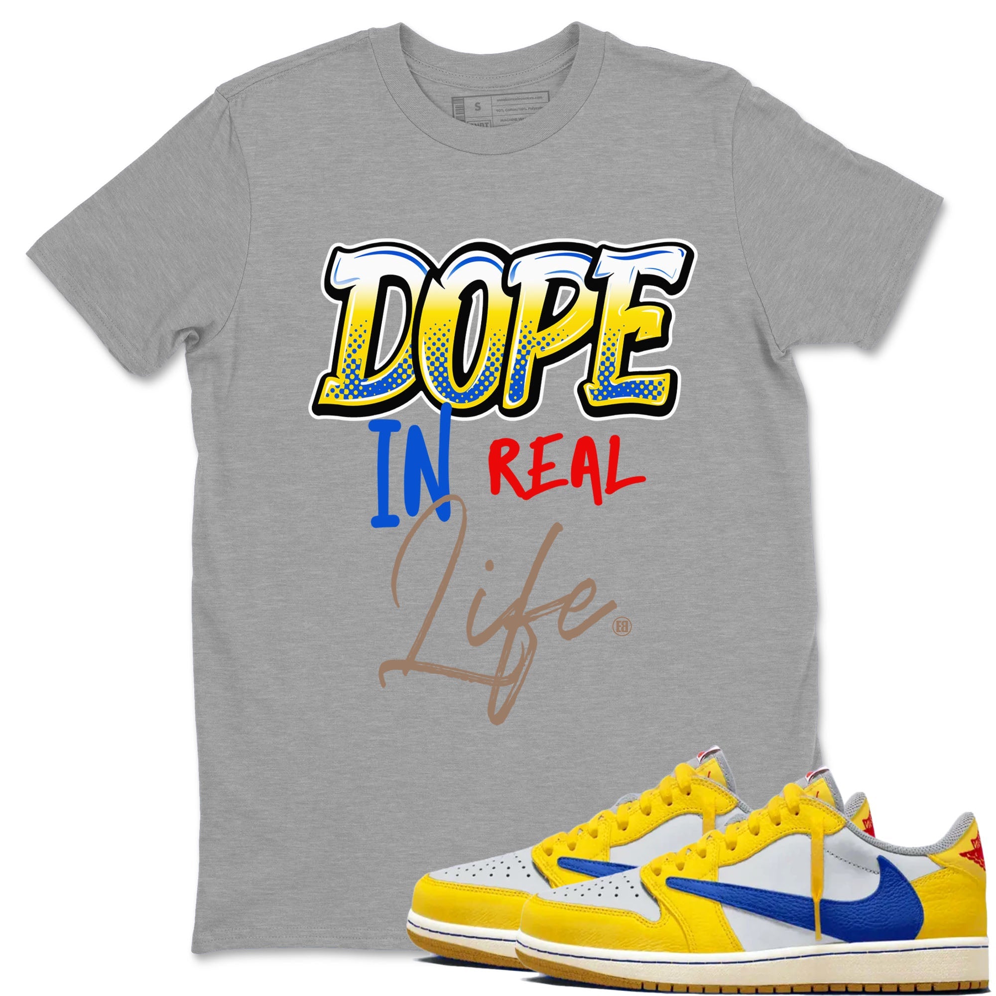 Air Jordan 1 Travis Scott Canary shirt to match jordans Dope In Real Life sneaker tees Air Jordan 1 Low x Travis Scott x Canary Drip Gear Zone unisex cotton Heather Grey 1 crew neck shirt