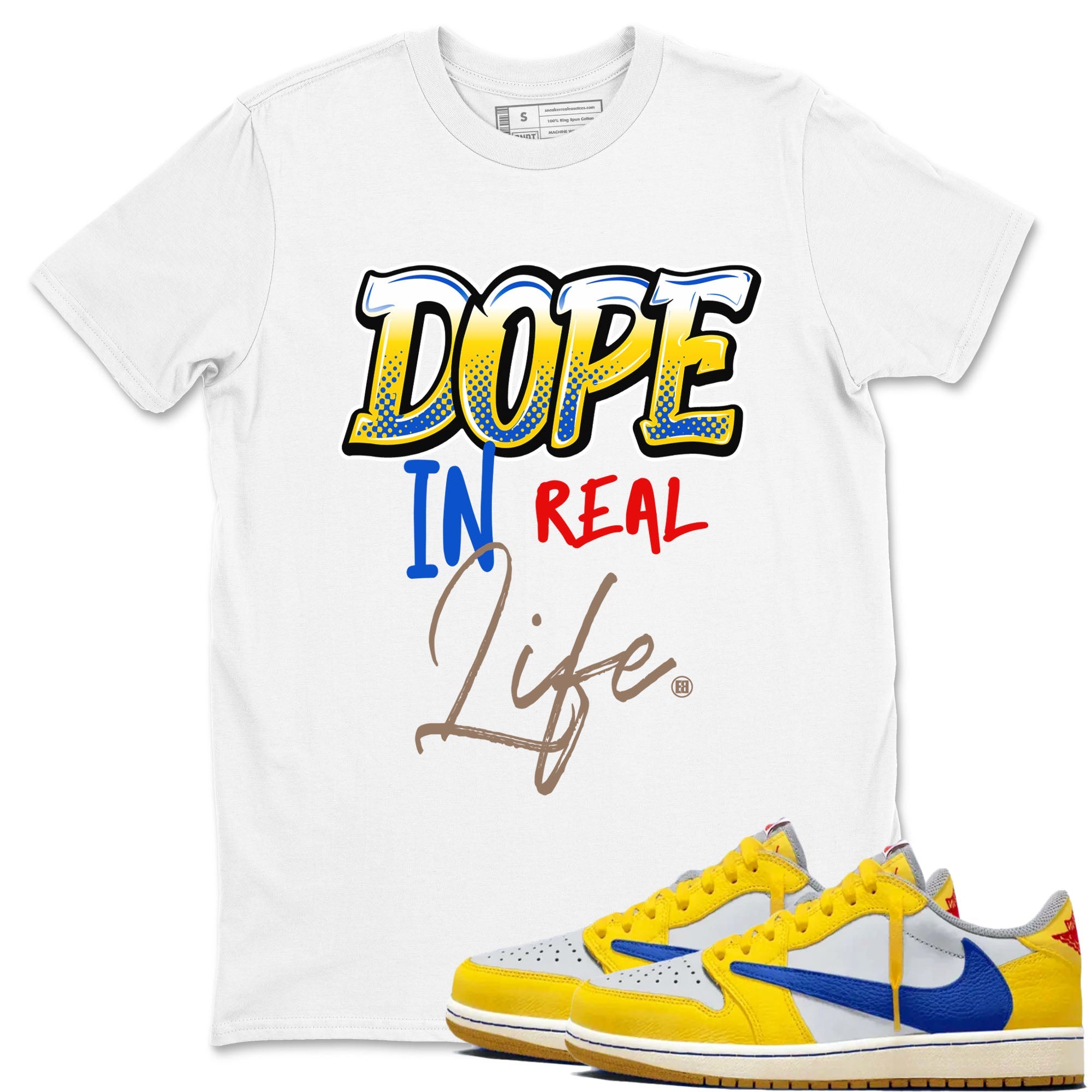 Air Jordan 1 Travis Scott Canary shirt to match jordans Dope In Real Life sneaker tees Air Jordan 1 Low x Travis Scott x Canary Drip Gear Zone unisex cotton White 1 crew neck shirt