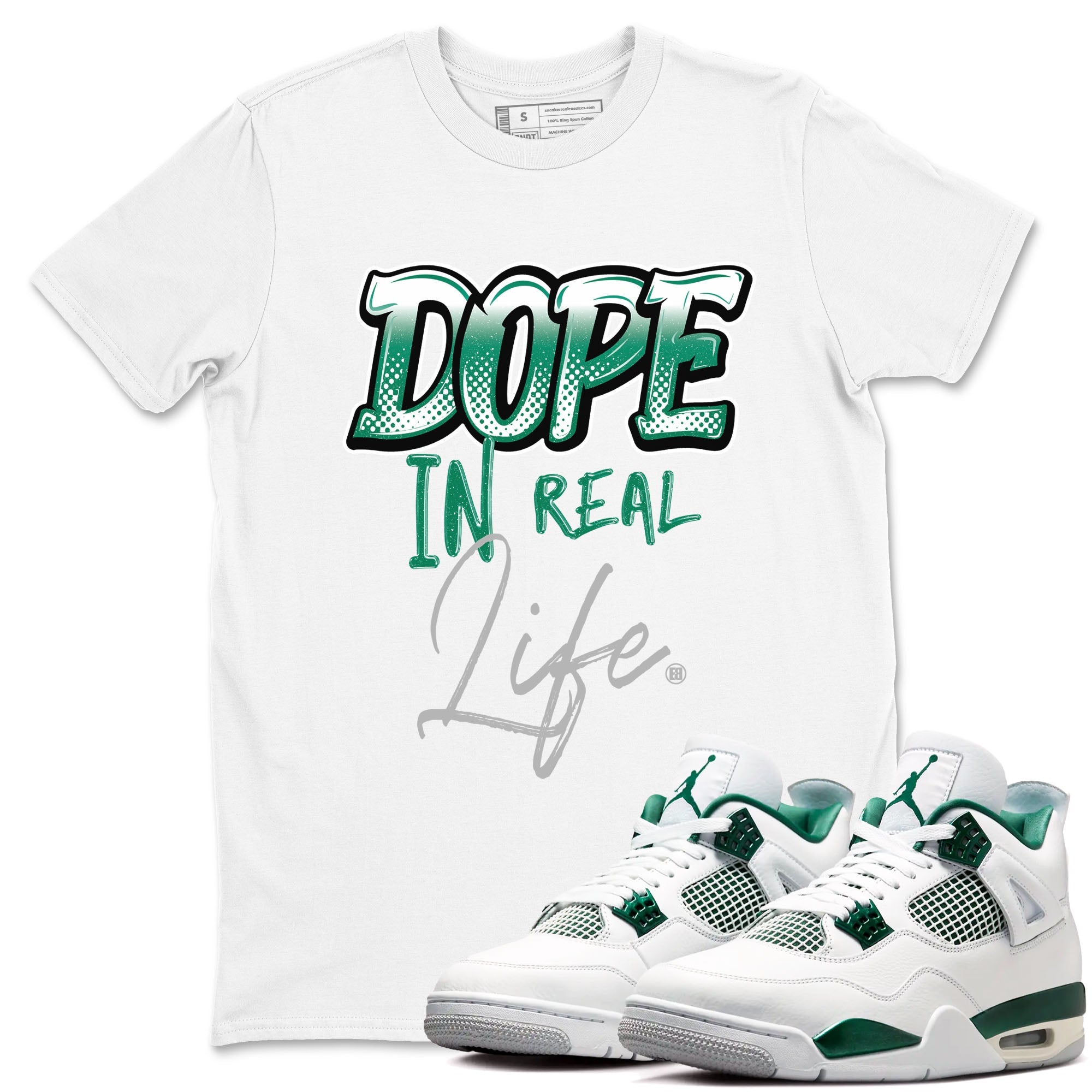 4s Oxidized Green shirts to match jordans Dope In Real Life sneaker match tees Air Jordan 4 Oxidized Green Drip Gear Zone streetwear brand White 1 unisex cotton tee