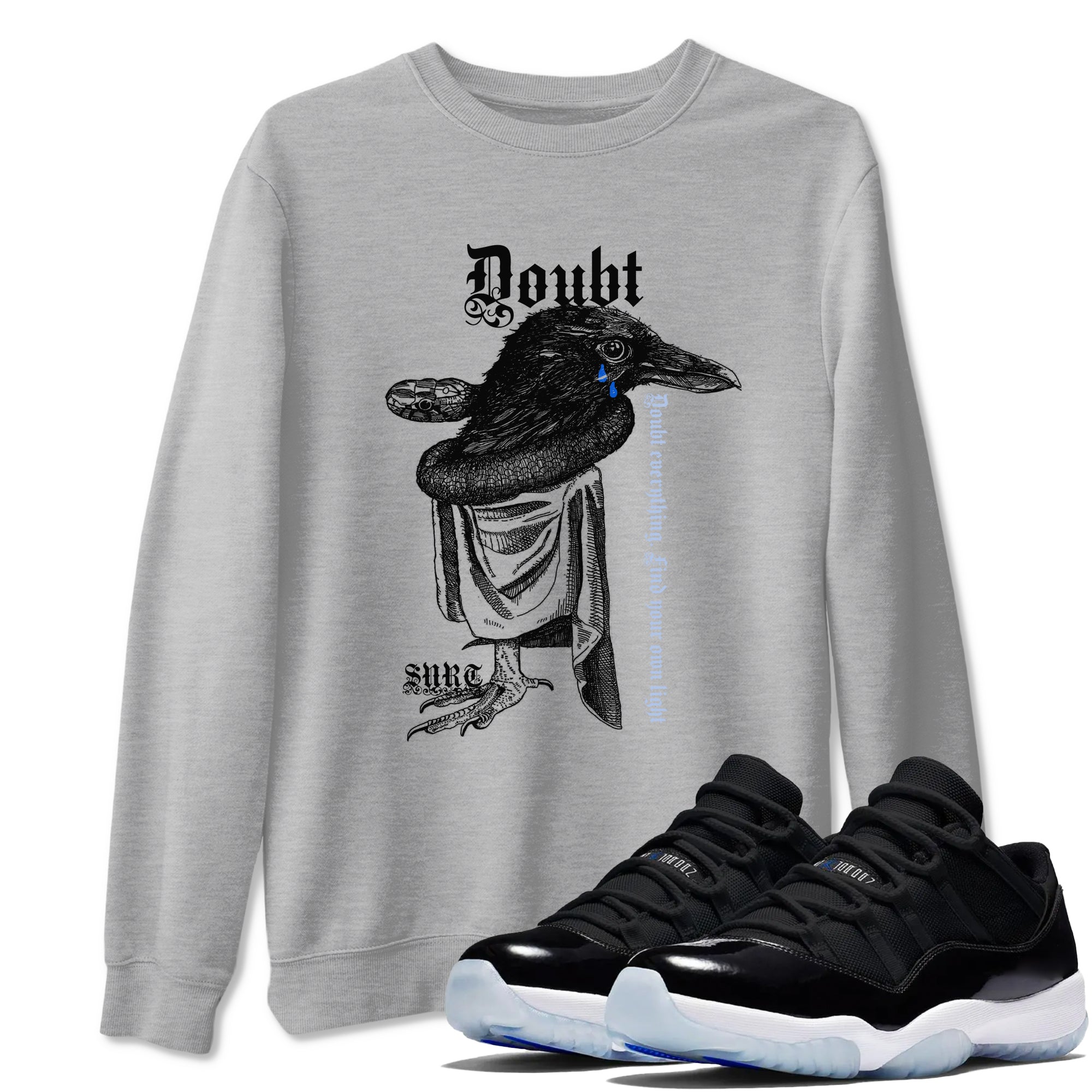 11s Low Space shirt to match jordans Doubt Everything sneaker tees Air Jordan 11 Low Space Drip Gear Zone unisex cotton Heather Grey 1 crew neck shirt
