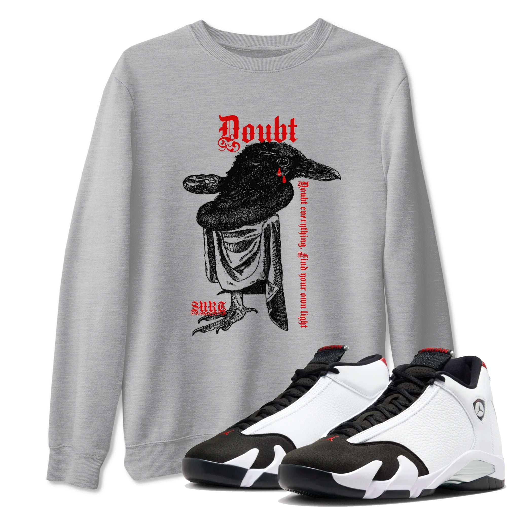 Air Jordan 14 Black Toe t shirts to match sneakers Doubt Everything sneaker match tees 14s Black Toe sneaker match tee Drip Gear Zone unisex cotton Heather Grey 1 shirts