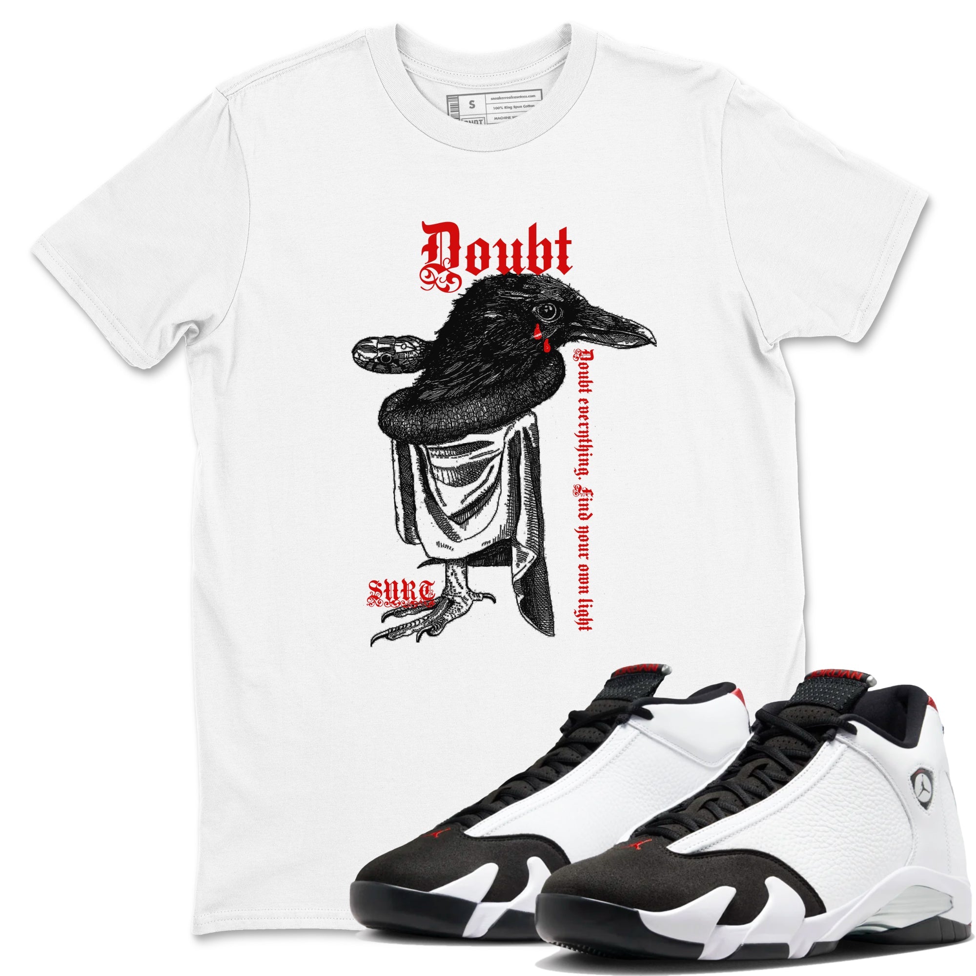 Air Jordan 14 Black Toe t shirts to match sneakers Doubt Everything sneaker match tees 14s Black Toe sneaker match tee Drip Gear Zone unisex cotton White 1 shirts