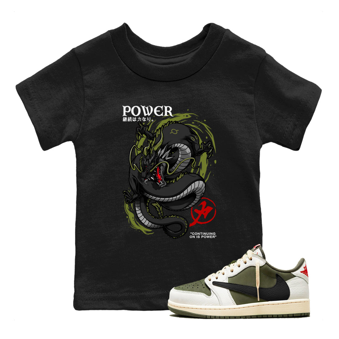 Jordan 1 Olive t shirts to match sneakers Dragon Power sneaker match tees Air Jordan 1 Low x Travis Scott Reverse Olive tee Drip Gear Zone Youth Baby Black 1 tee