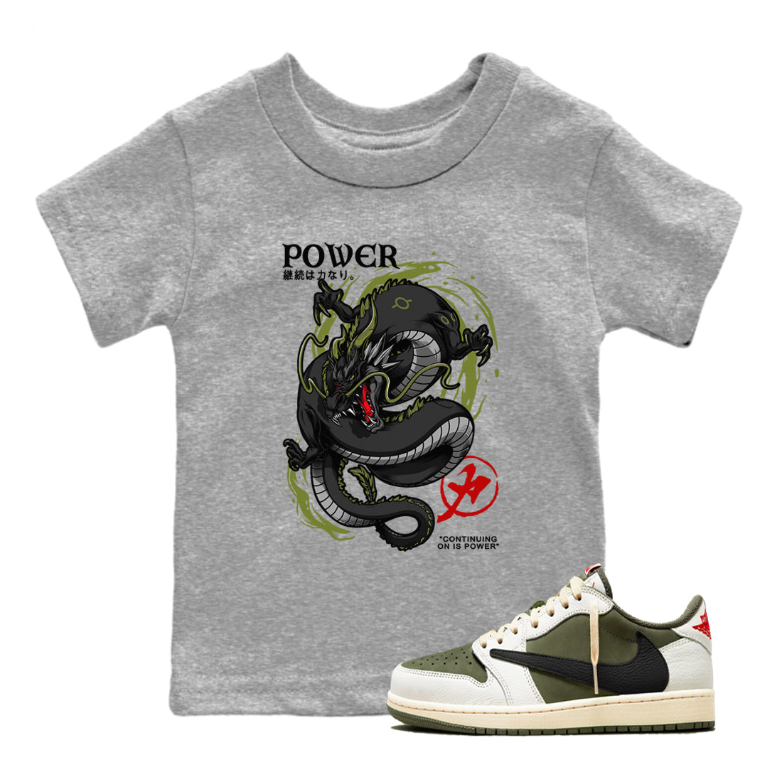 Jordan 1 Olive t shirts to match sneakers Dragon Power sneaker match tees Air Jordan 1 Low x Travis Scott Reverse Olive tee Drip Gear Zone Youth Baby Heather Grey 1 tee