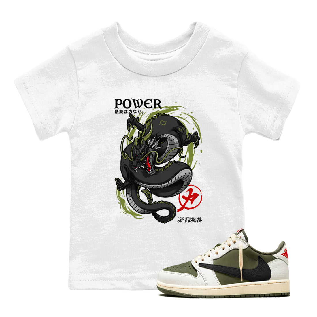 Jordan 1 Olive t shirts to match sneakers Dragon Power sneaker match tees Air Jordan 1 Low x Travis Scott Reverse Olive tee Drip Gear Zone Youth Baby White 1 tee