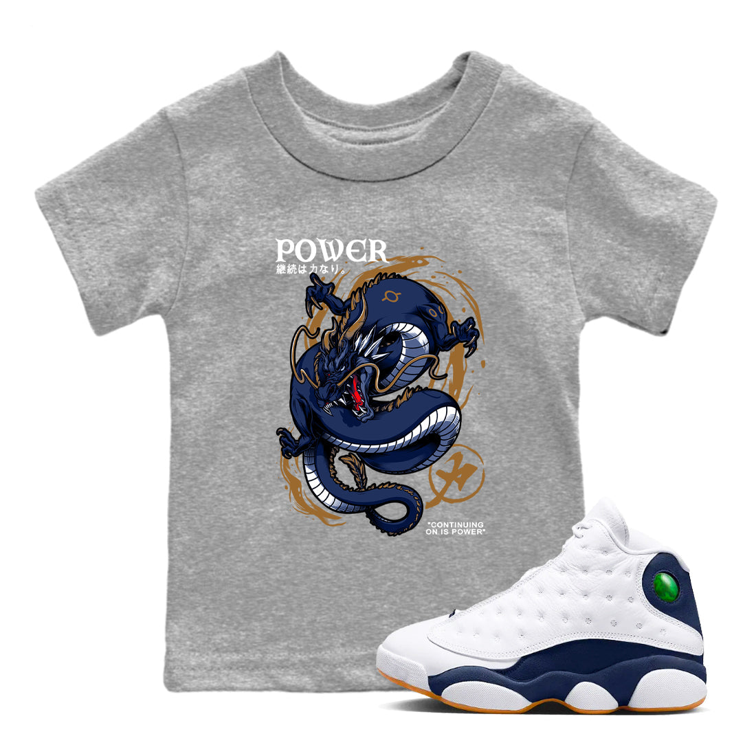 Air Jordan 13 Retro Midnight Navy t shirts to match sneakers Dragon Power sneaker match tees 13s Midnight Navy tee Drip Gear Zone Youth Baby Heather Grey 1 tee
