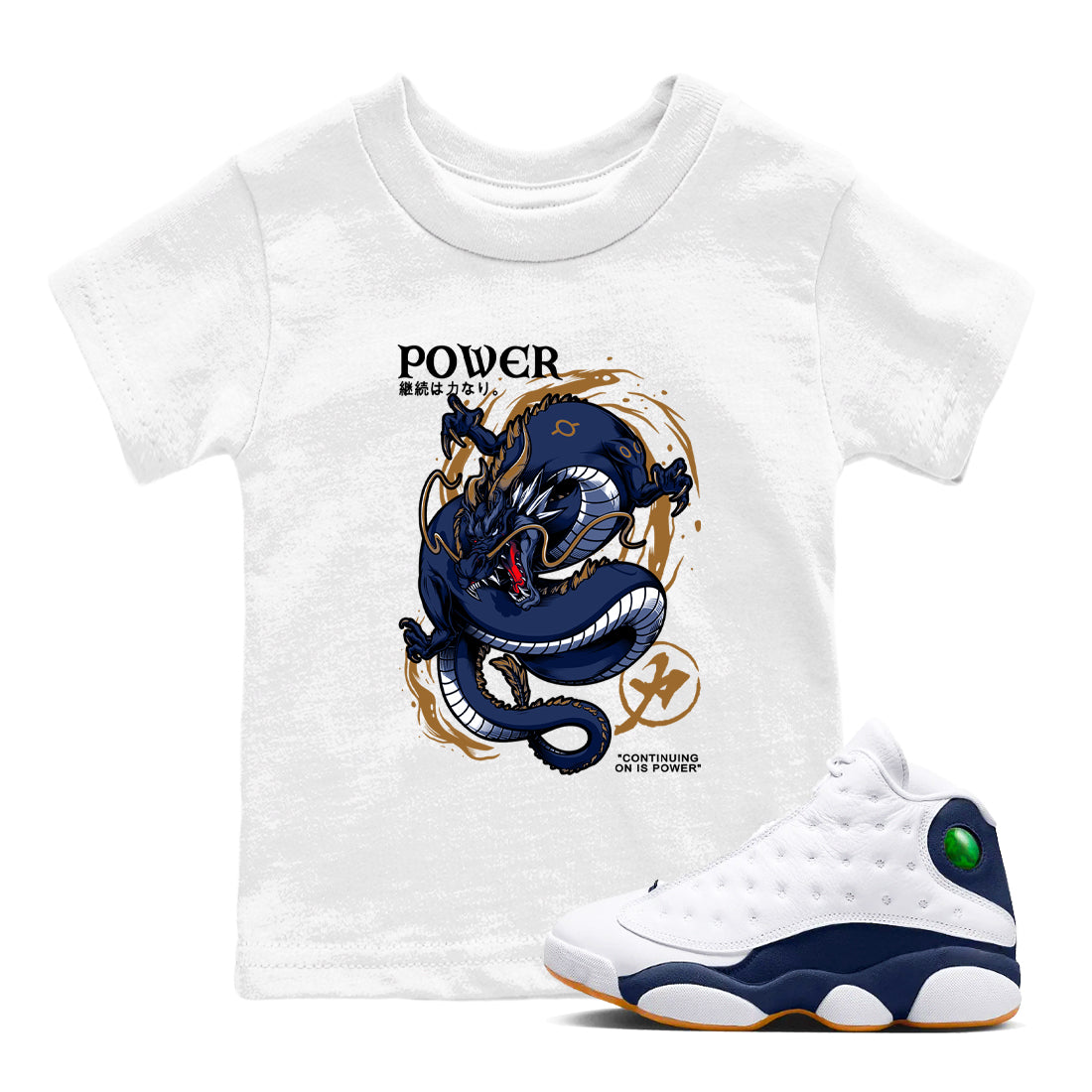 Air Jordan 13 Retro Midnight Navy t shirts to match sneakers Dragon Power sneaker match tees 13s Midnight Navy tee Drip Gear Zone Youth Baby White 1 tee