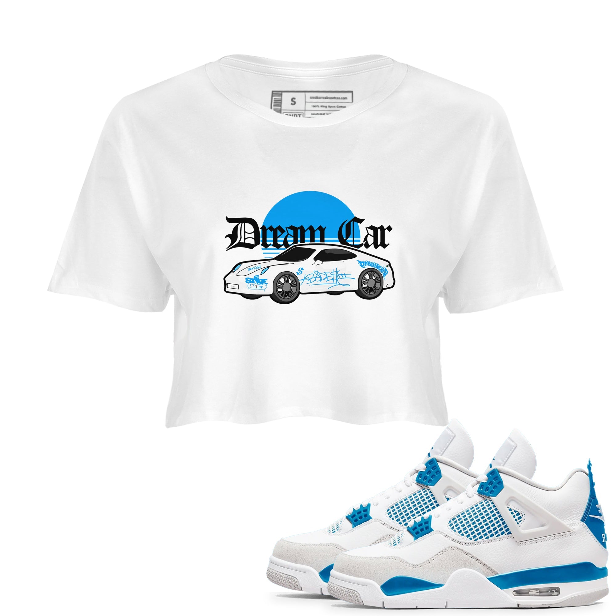 Air Jordan 4 Industrial Blue shirt to match jordans Dream Car sneaker tees Air Jordan 4 Military Blue Drip Gear Zone White 1 crop length shirt
