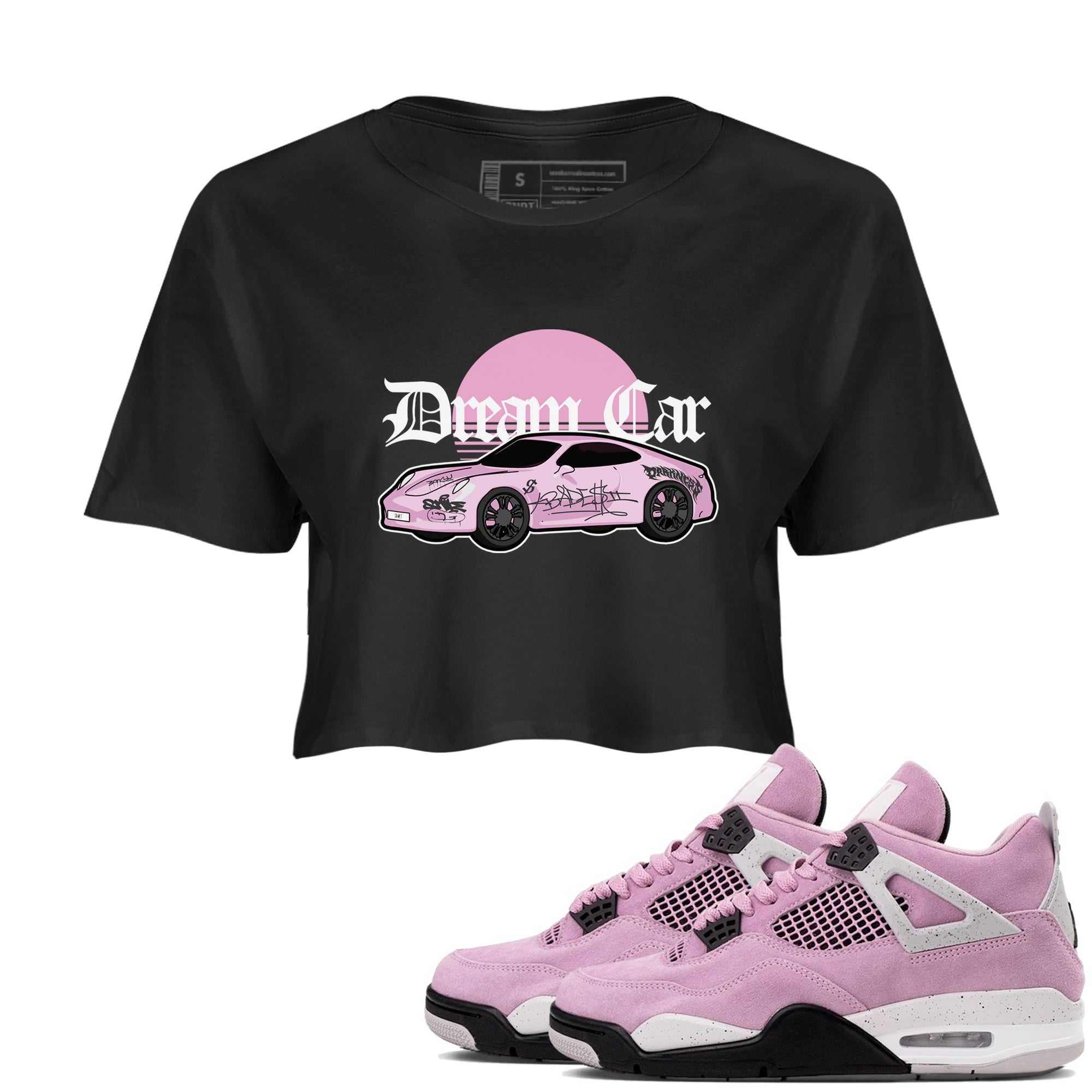 4s Retro Orchid shirts to match jordans Dream Car sneaker match tees Air Jordan 4 WMNS Orchid match shoes to clothes Drip Gear Zone unisex cotton Black 1 crop tee