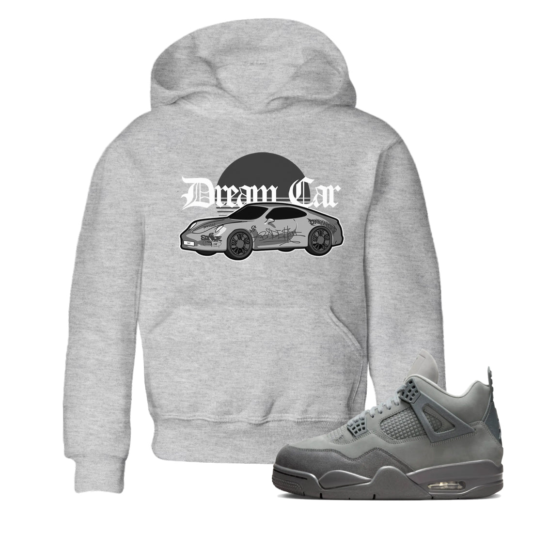 4s Wet Cement shirts to match jordans Dream Car sneaker match tees Air Jordan 4 SE Wet Cement Drip Gear Zone Youth Baby Heather Grey 1 crew neck shirts