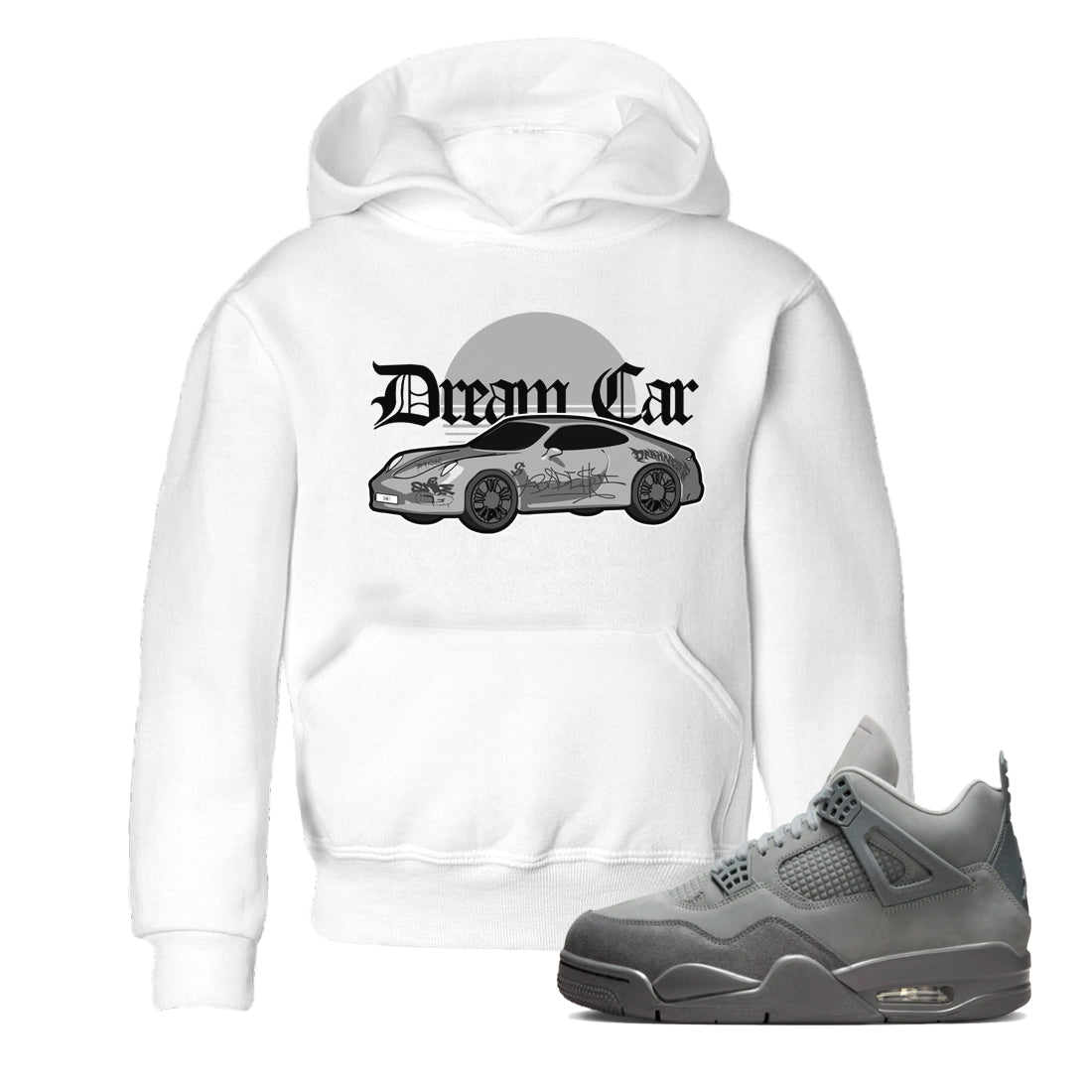 4s Wet Cement shirts to match jordans Dream Car sneaker match tees Air Jordan 4 SE Wet Cement Drip Gear Zone Youth Baby White 1 crew neck shirts