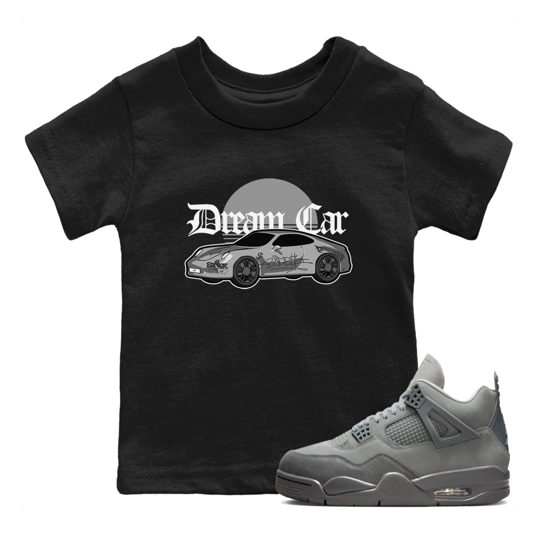 4s Wet Cement shirts to match jordans Dream Car sneaker match tees Air Jordan 4 SE Wet Cement Drip Gear Zone Youth Baby Black 1 crew neck shirts