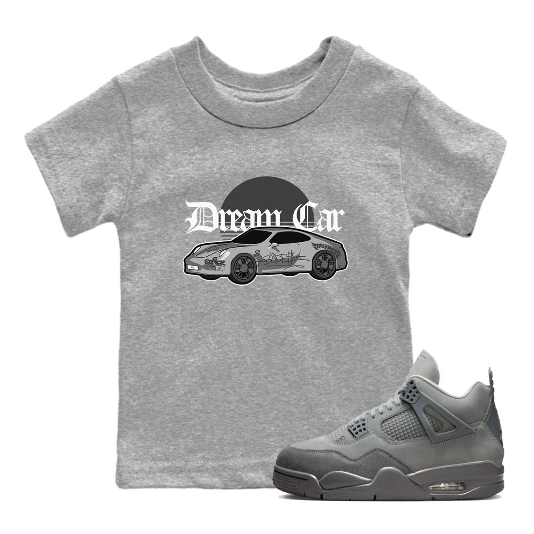 4s Wet Cement shirts to match jordans Dream Car sneaker match tees Air Jordan 4 SE Wet Cement Drip Gear Zone Youth Baby Heather Grey 1 crew neck shirts