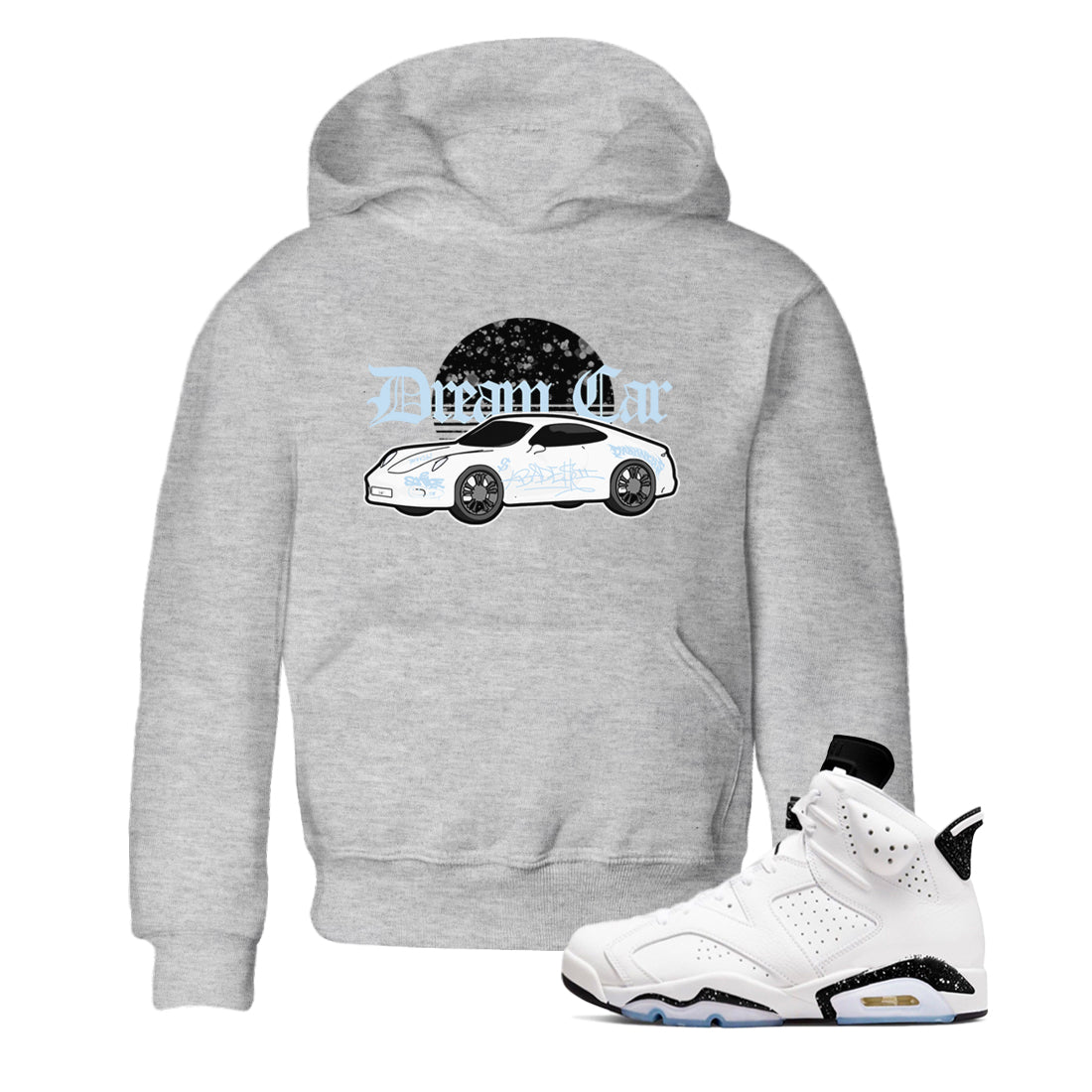 AJ6 White Black shirts to match jordans Dream Car sneaker match tees Air Jordan 6 White Black Drip Gear Zone streetwear brand Baby and Youth Heather Grey 1 cotton tee