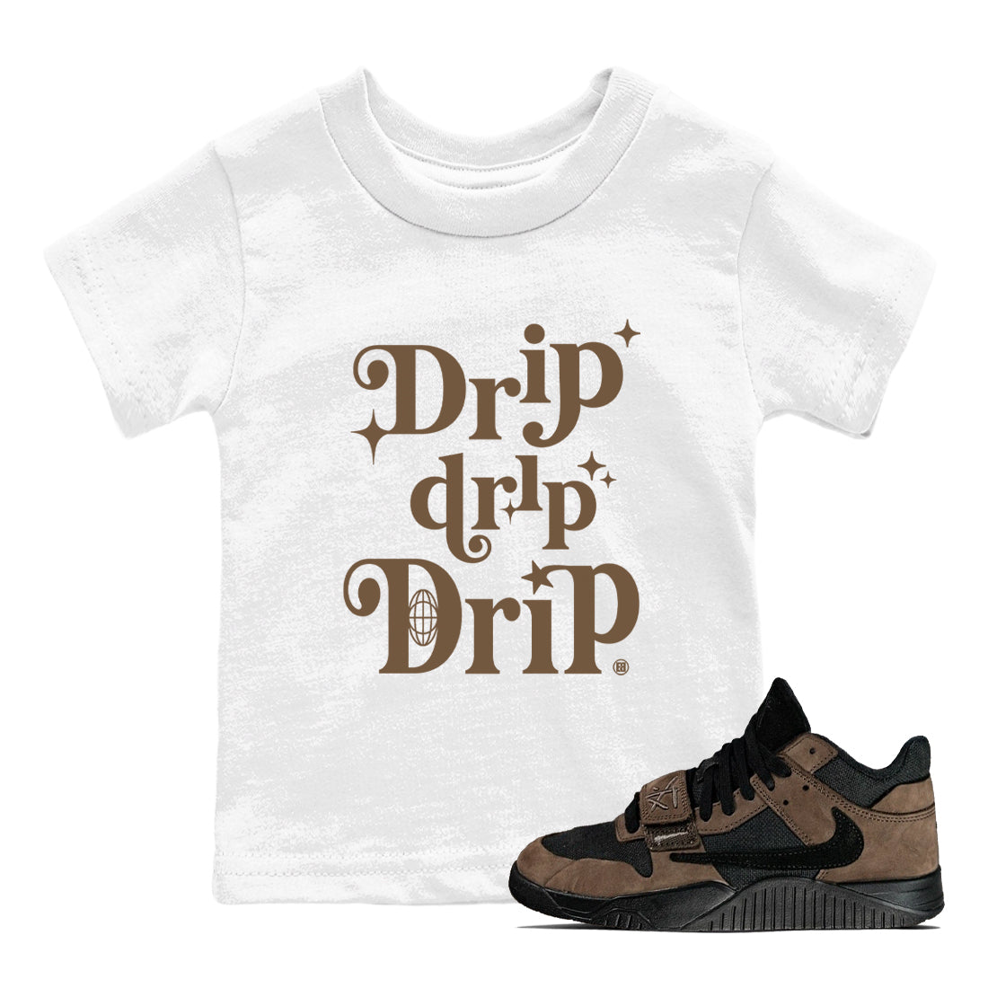 Jordan Jumpman Jack Travis Scott Dark Mocha shirts to match jordans Drip Drip Drip sneaker match tees Jordan Jumpman Jack Travis Scott Dark Mocha match shoes to clothes Drip Gear Zone Youth Baby White 1 tee