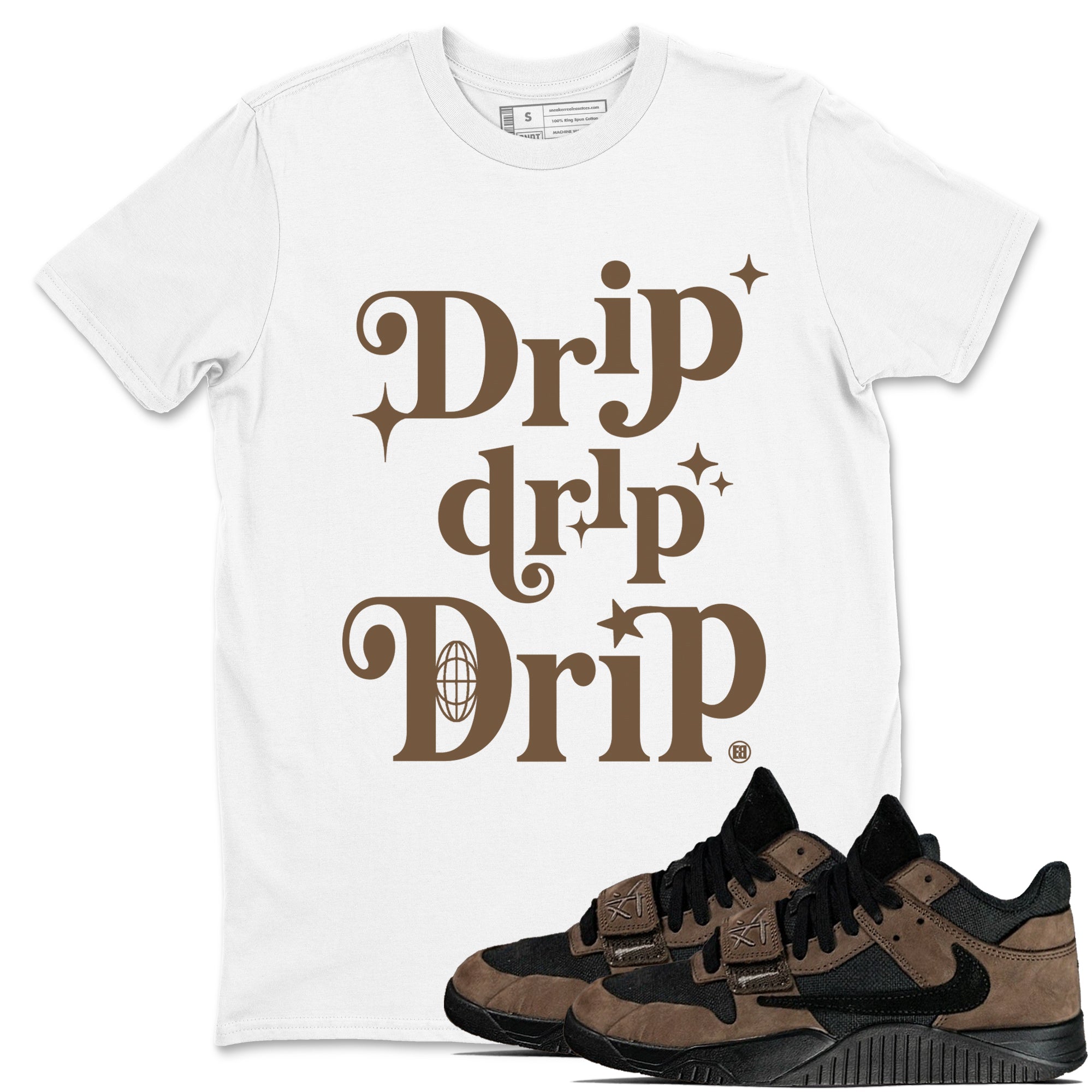 Jordan Jumpman Jack Travis Scott Dark Mocha shirts to match jordans Drip Drip Drip sneaker match tees Jordan Jumpman Jack Travis Scott Dark Mocha match shoes to clothes Drip Gear Zone unisex cotton White 1 shirts