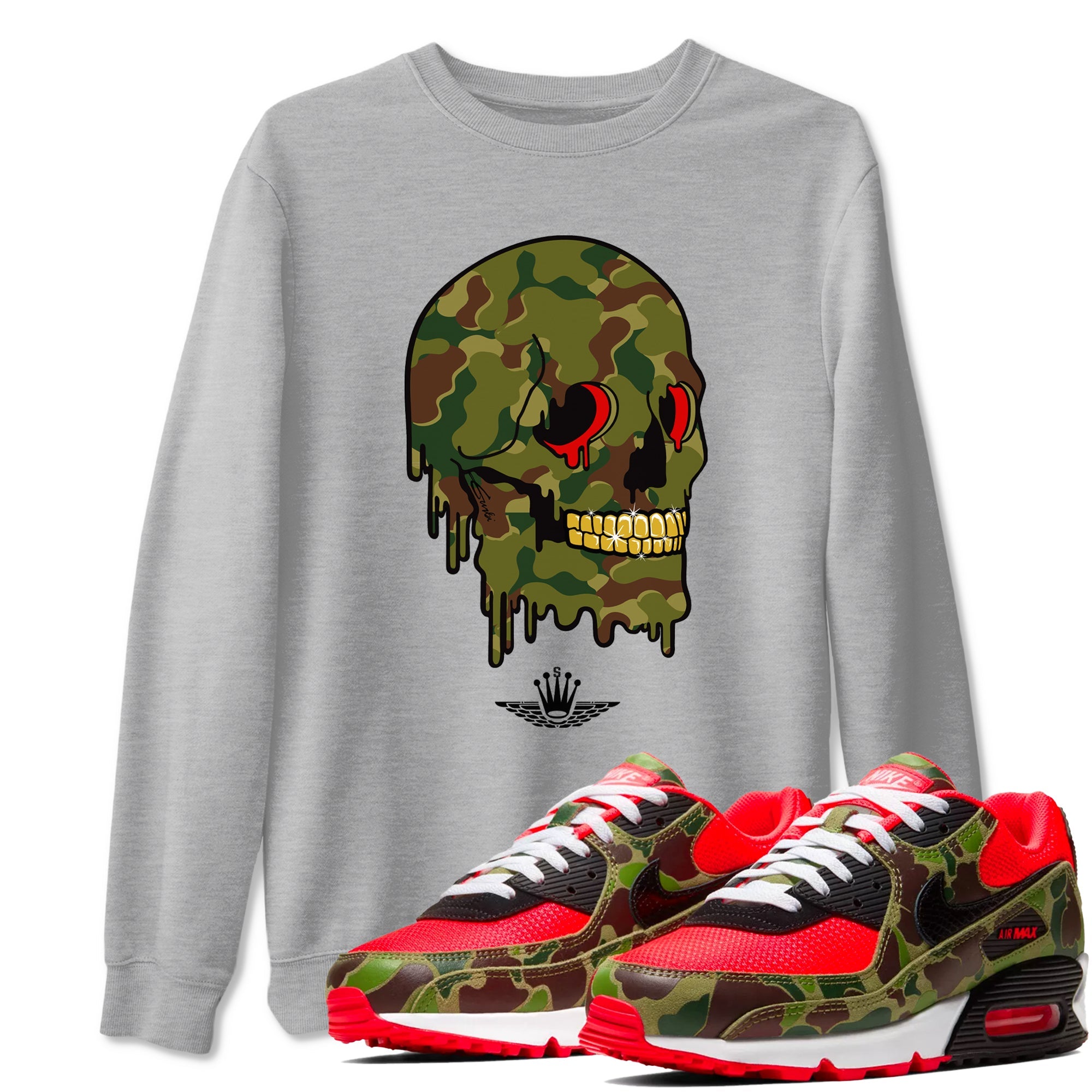 Air Max 90 Duck Camo shirts to match jordans Dripping Camo Skull sneaker match tees Air Max 90 Reverse Duck Camo match shoes to clothes Drip Gear Zone unisex cotton Heather Grey 1 shirts
