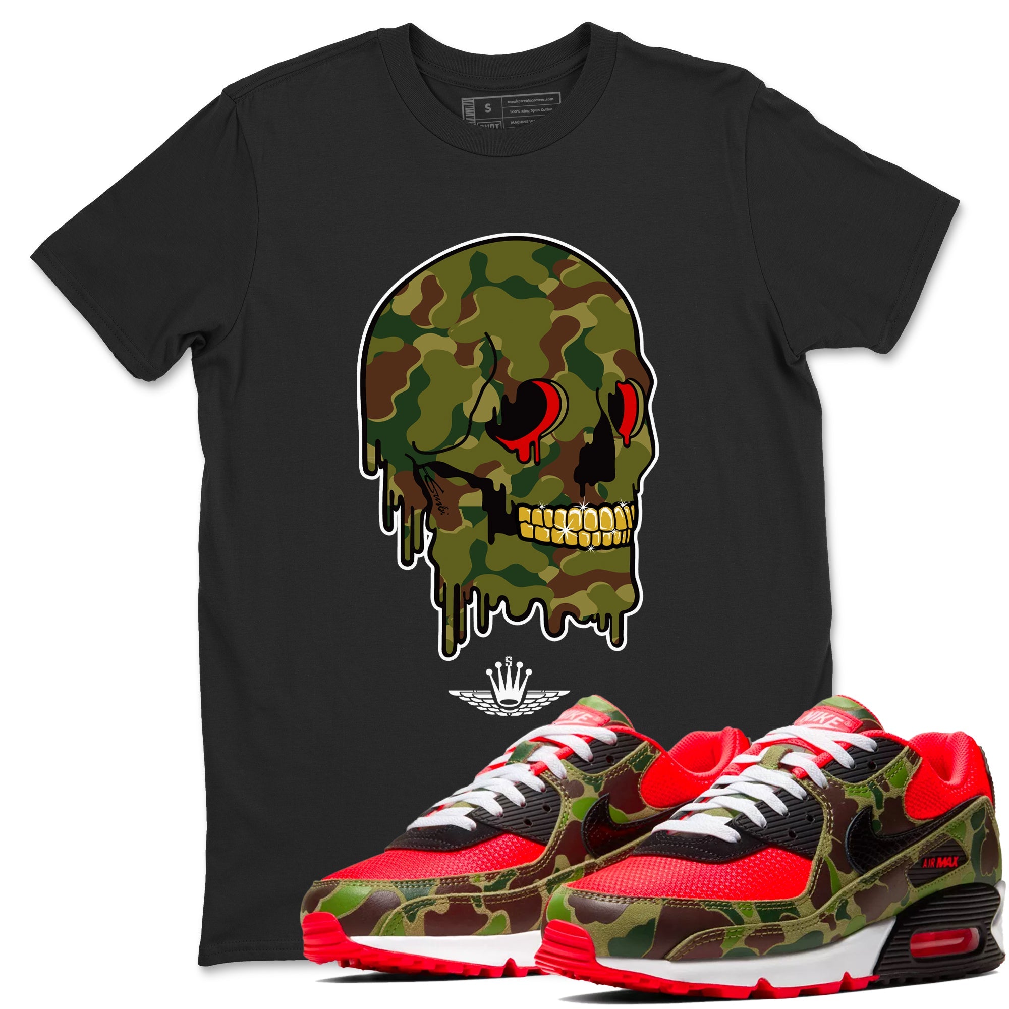 Air Max 90 Duck Camo shirts to match jordans Dripping Camo Skull sneaker match tees Air Max 90 Reverse Duck Camo match shoes to clothes Drip Gear Zone unisex cotton Black 1 shirts
