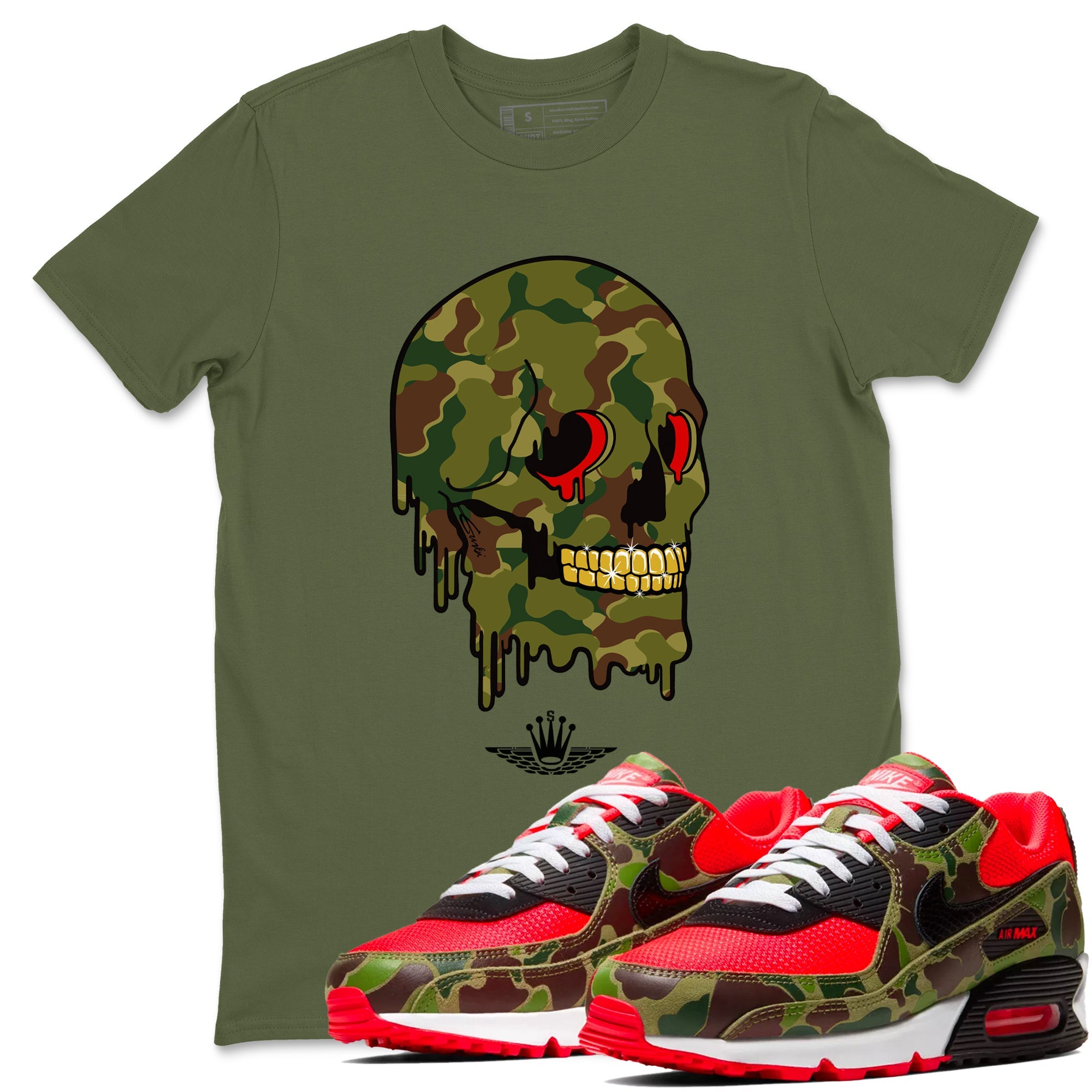 Air Max 90 Duck Camo shirts to match jordans Dripping Camo Skull sneaker match tees Air Max 90 Reverse Duck Camo match shoes to clothes Drip Gear Zone unisex cotton Military Green 1 shirts