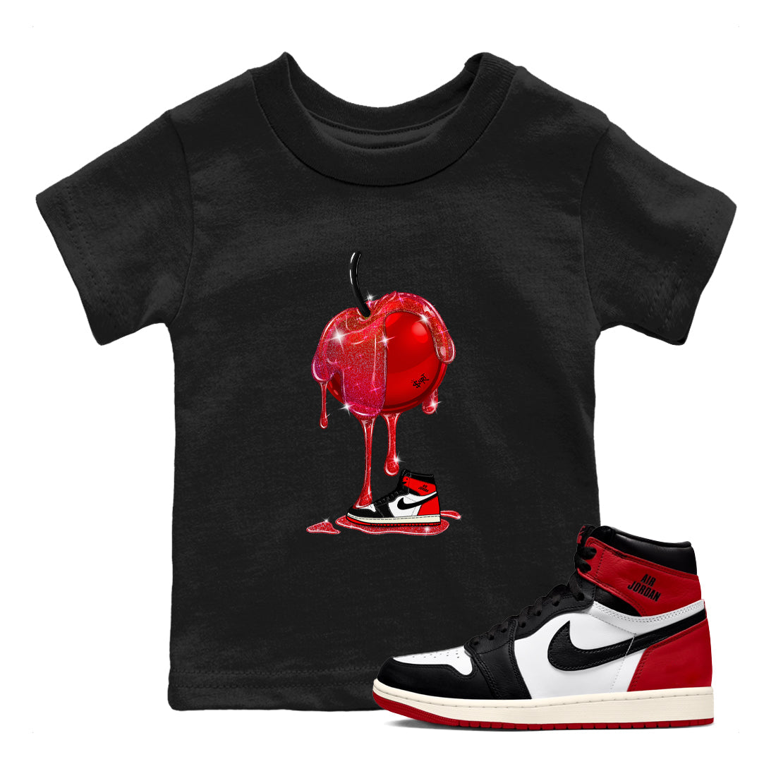 1s Black Toe Reimagined shirts to match jordans Dripping Cherries sneaker match tees Air Jordan 1 Black Toe Reimagined Drip Gear Zone streetwear brand Baby and Youth Black 1 cotton tee