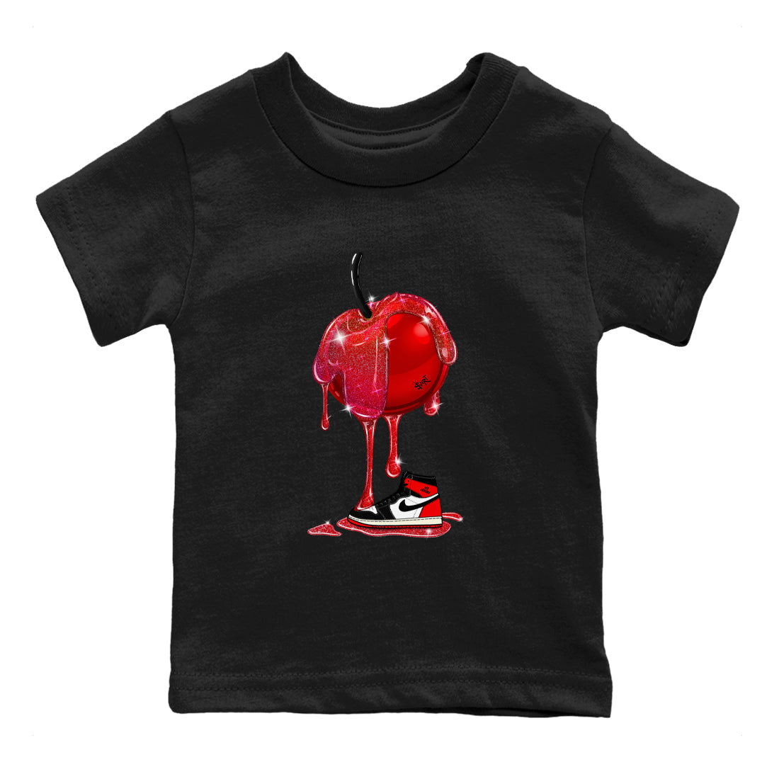 1s Black Toe Reimagined shirts to match jordans Dripping Cherries sneaker match tees Air Jordan 1 Black Toe Reimagined Drip Gear Zone streetwear brand Baby and Youth Black 2 cotton tee