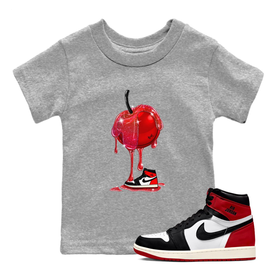 1s Black Toe Reimagined shirts to match jordans Dripping Cherries sneaker match tees Air Jordan 1 Black Toe Reimagined Drip Gear Zone streetwear brand Baby and Youth Heather Grey 1 cotton tee