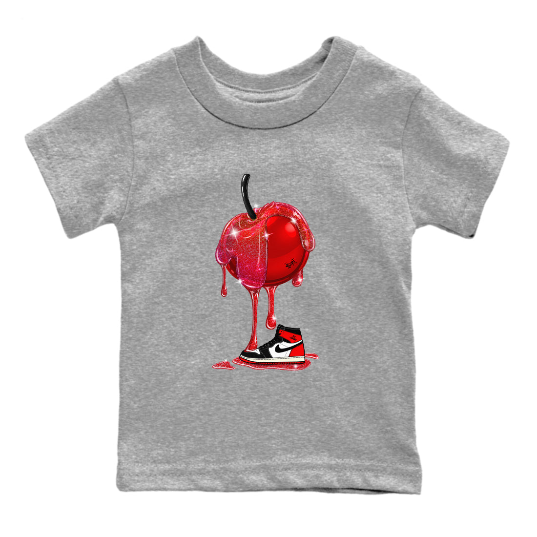 1s Black Toe Reimagined shirts to match jordans Dripping Cherries sneaker match tees Air Jordan 1 Black Toe Reimagined Drip Gear Zone streetwear brand Baby and Youth Heather Grey 2 cotton tee