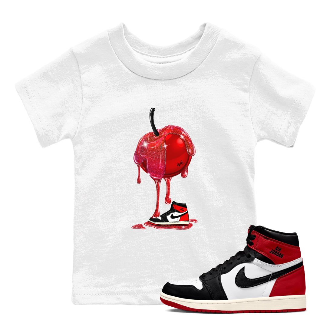 1s Black Toe Reimagined shirts to match jordans Dripping Cherries sneaker match tees Air Jordan 1 Black Toe Reimagined Drip Gear Zone streetwear brand Baby and Youth White 1 cotton tee