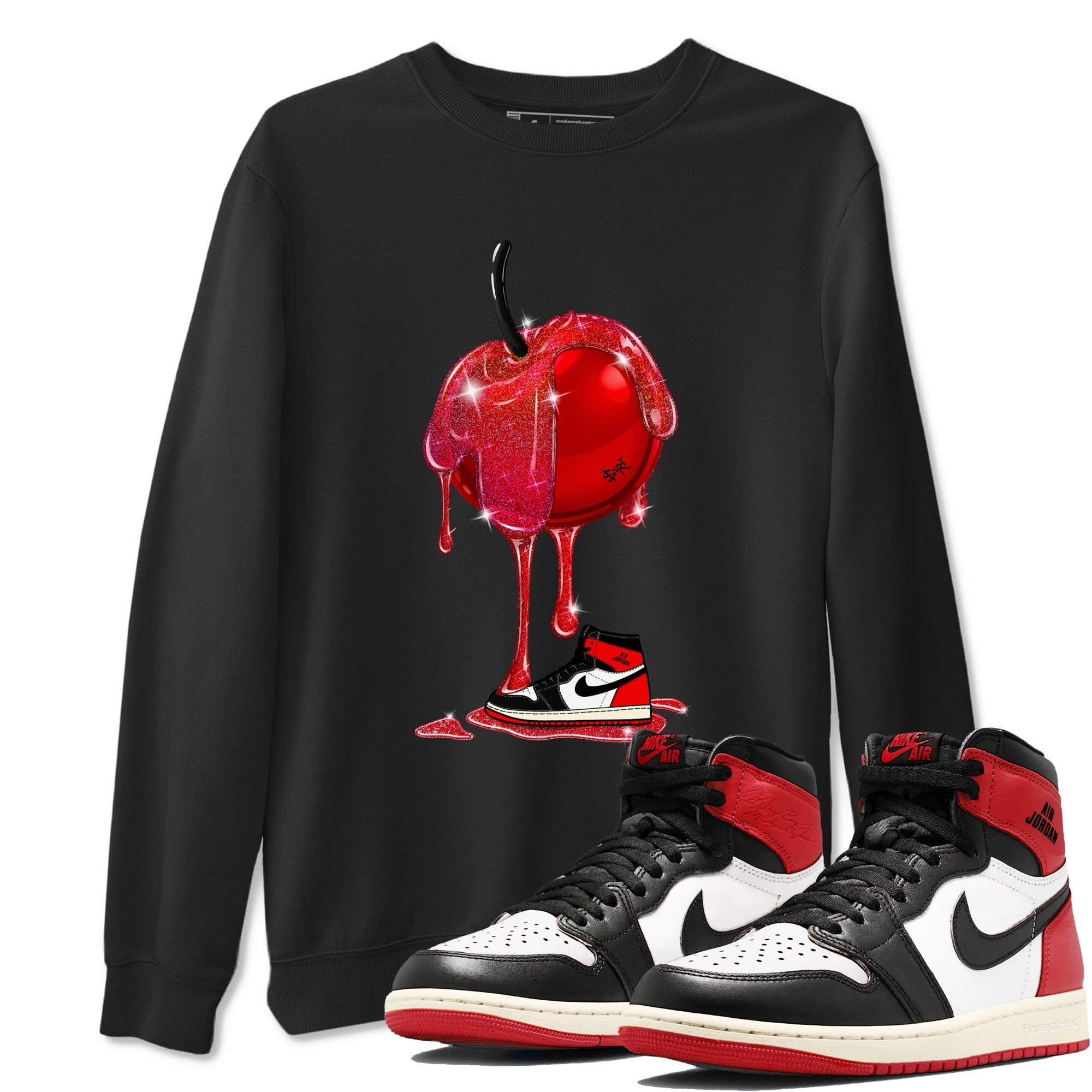 1s Black Toe Reimagined shirts to match jordans Dripping Cherries sneaker match tees Air Jordan 1 Black Toe Reimagined Drip Gear Zone streetwear brand Black 1 unisex cotton tee