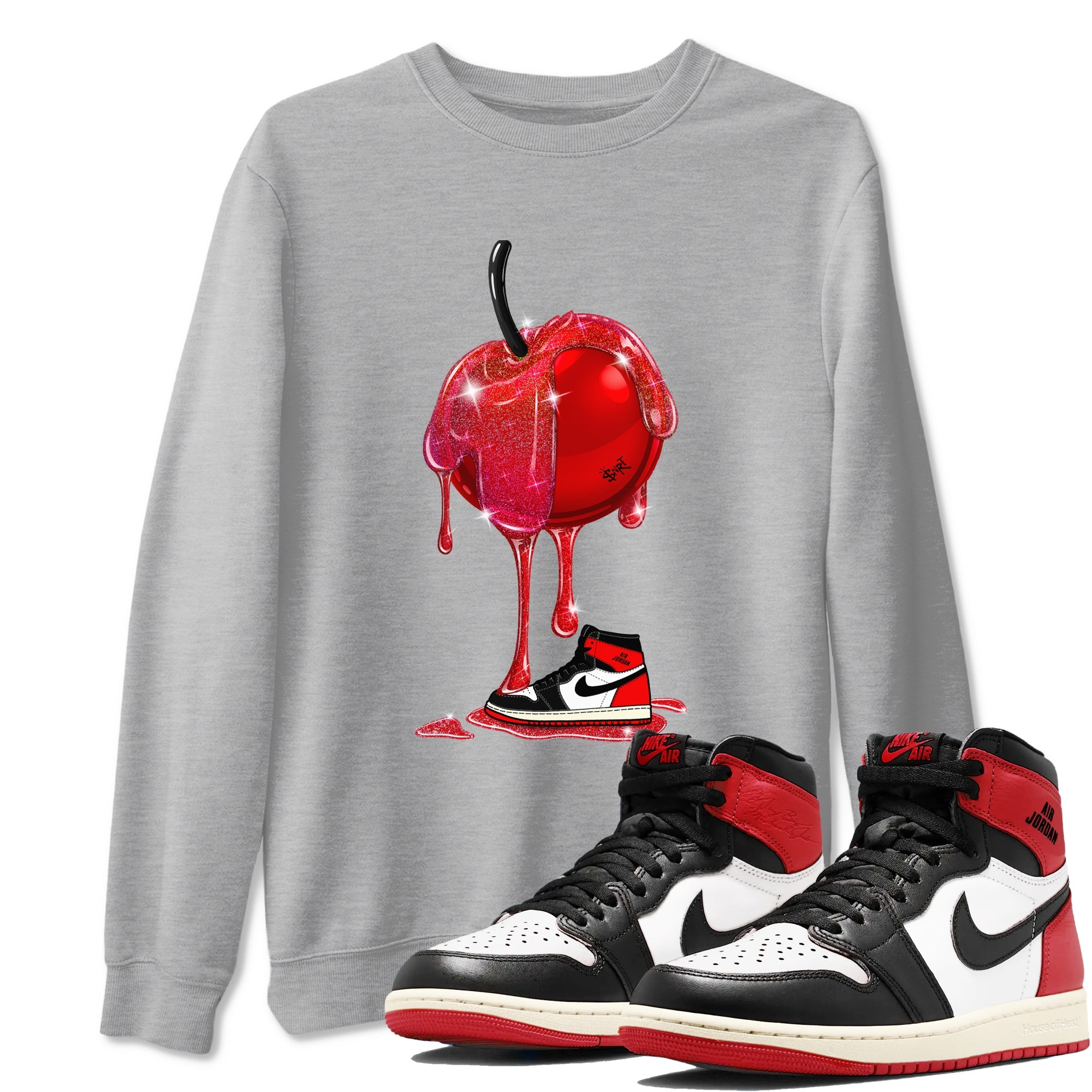 1s Black Toe Reimagined shirts to match jordans Dripping Cherries sneaker match tees Air Jordan 1 Black Toe Reimagined Drip Gear Zone streetwear brand Heather Grey 1 unisex cotton tee