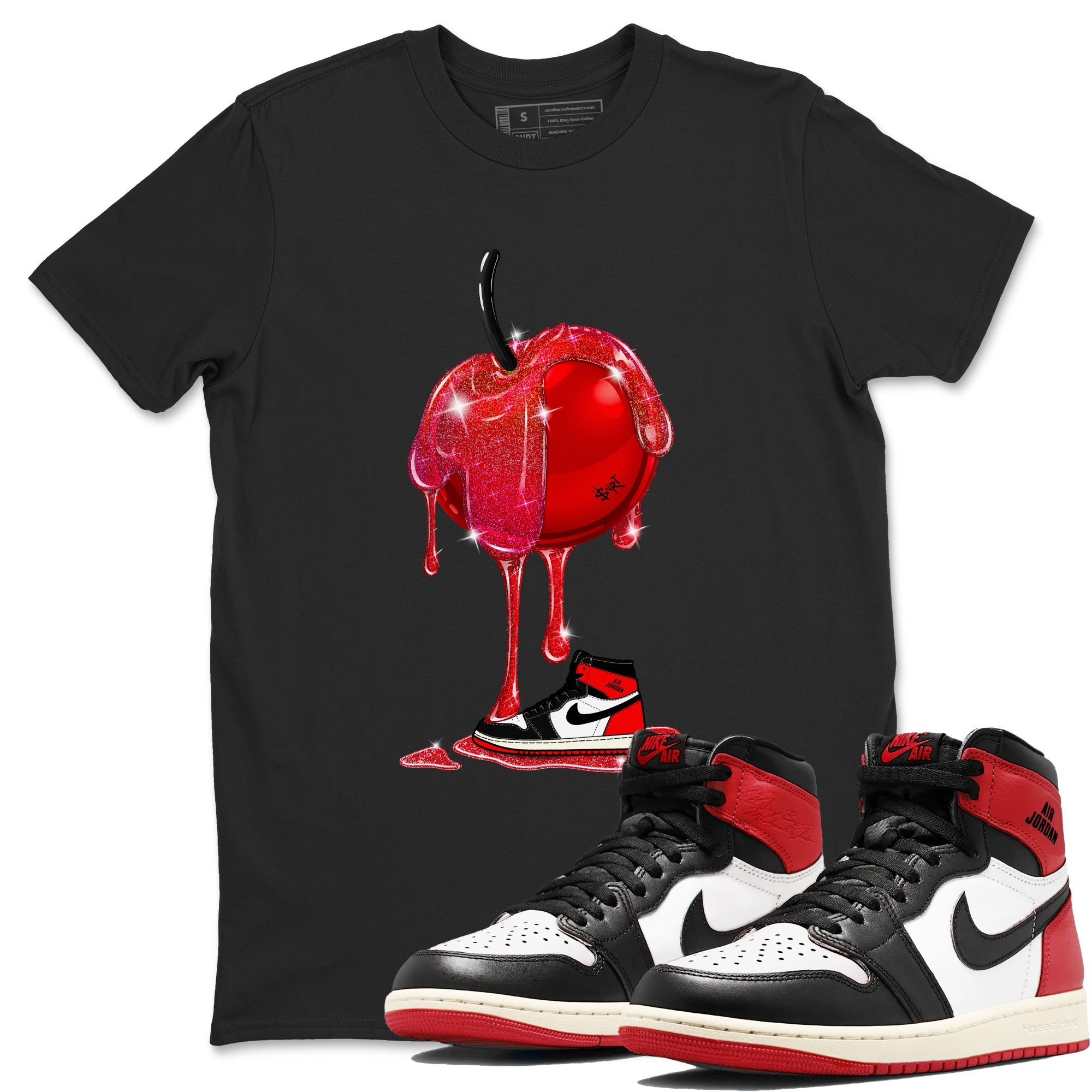 1s Black Toe Reimagined shirts to match jordans Dripping Cherries sneaker match tees Air Jordan 1 Black Toe Reimagined Drip Gear Zone streetwear brand Black 1 unisex cotton tee