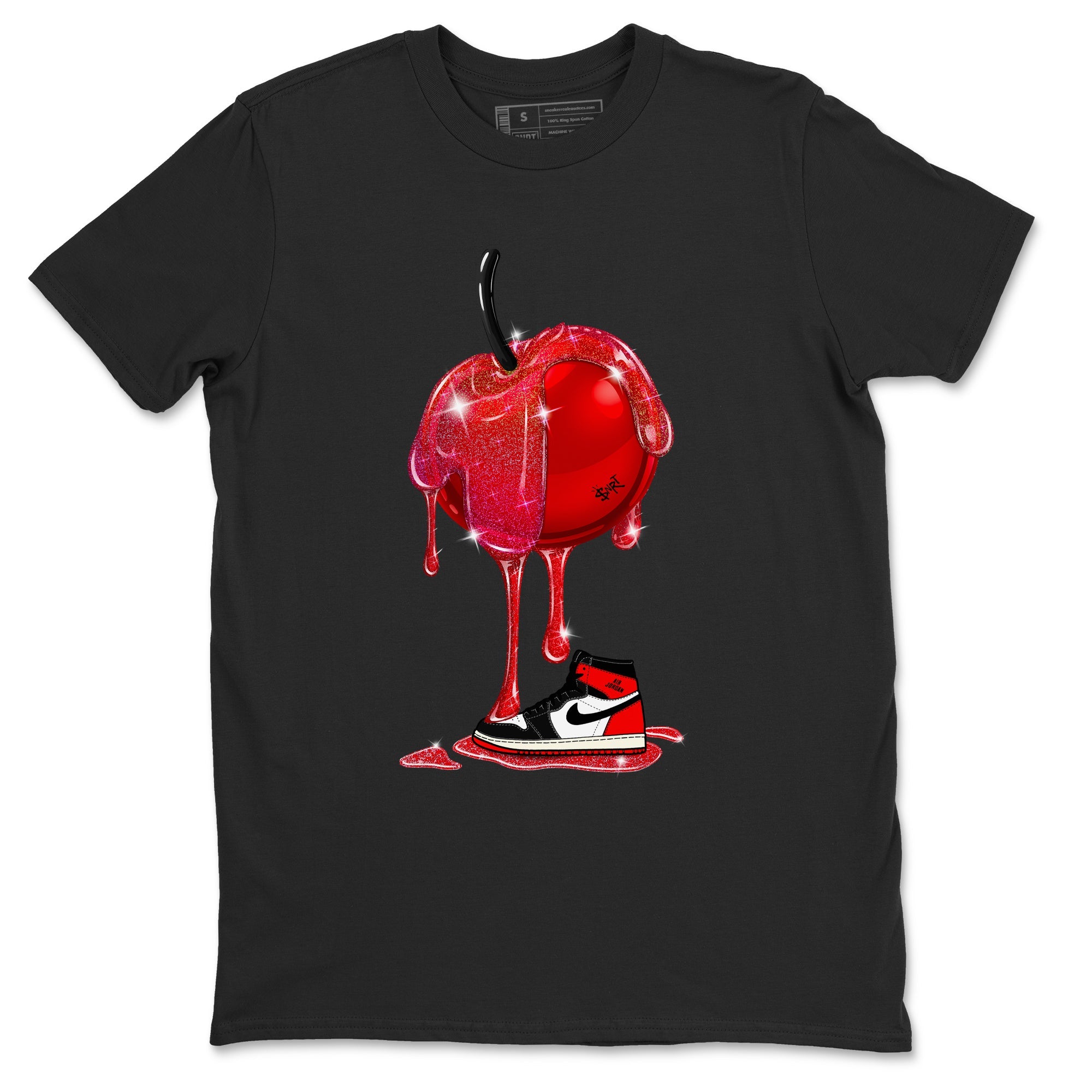 1s Black Toe Reimagined shirts to match jordans Dripping Cherries sneaker match tees Air Jordan 1 Black Toe Reimagined Drip Gear Zone streetwear brand Black 2 unisex cotton tee