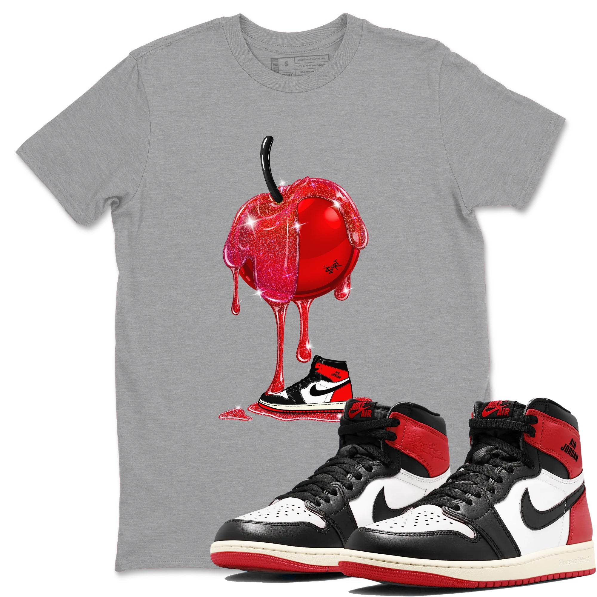 1s Black Toe Reimagined shirts to match jordans Dripping Cherries sneaker match tees Air Jordan 1 Black Toe Reimagined Drip Gear Zone streetwear brand Heather Grey 1 unisex cotton tee