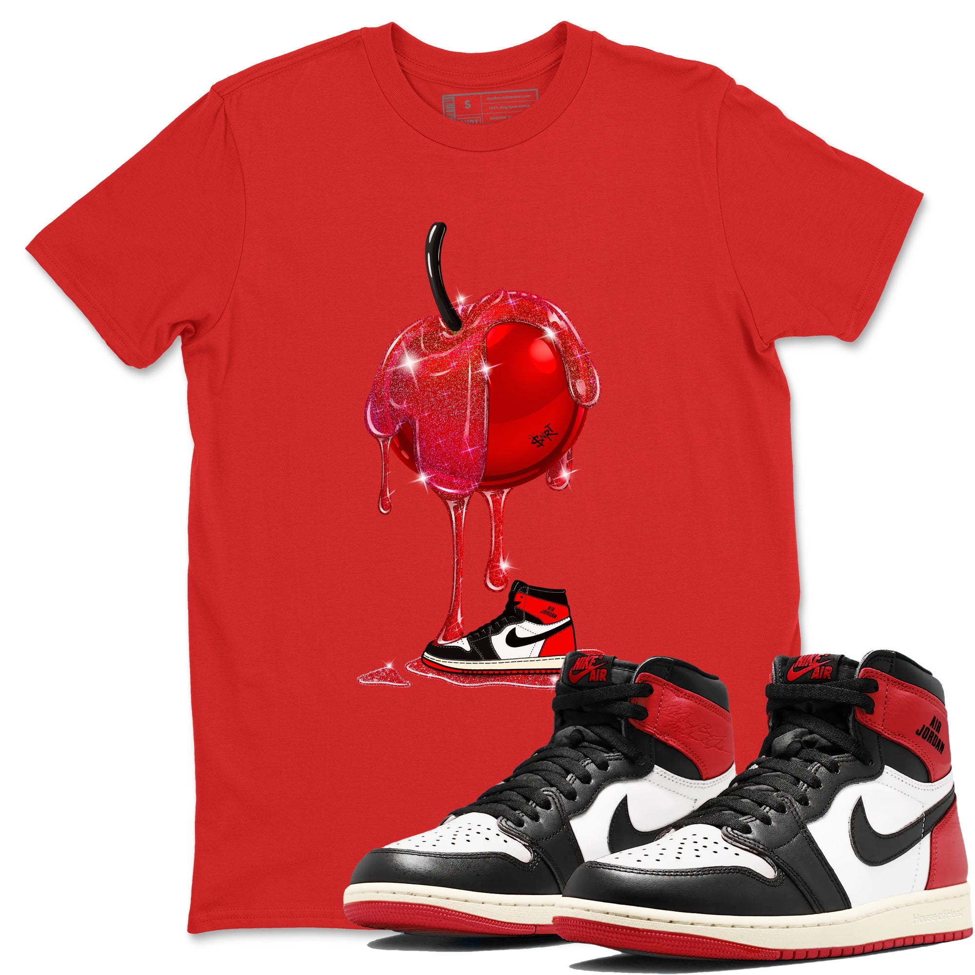 1s Black Toe Reimagined shirts to match jordans Dripping Cherries sneaker match tees Air Jordan 1 Black Toe Reimagined Drip Gear Zone streetwear brand Red 1 unisex cotton tee