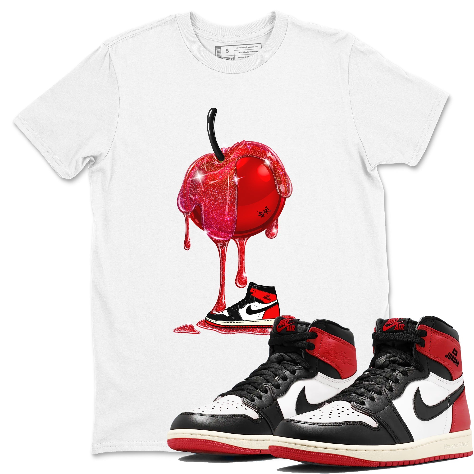 1s Black Toe Reimagined shirts to match jordans Dripping Cherries sneaker match tees Air Jordan 1 Black Toe Reimagined Drip Gear Zone streetwear brand White 1 unisex cotton tee