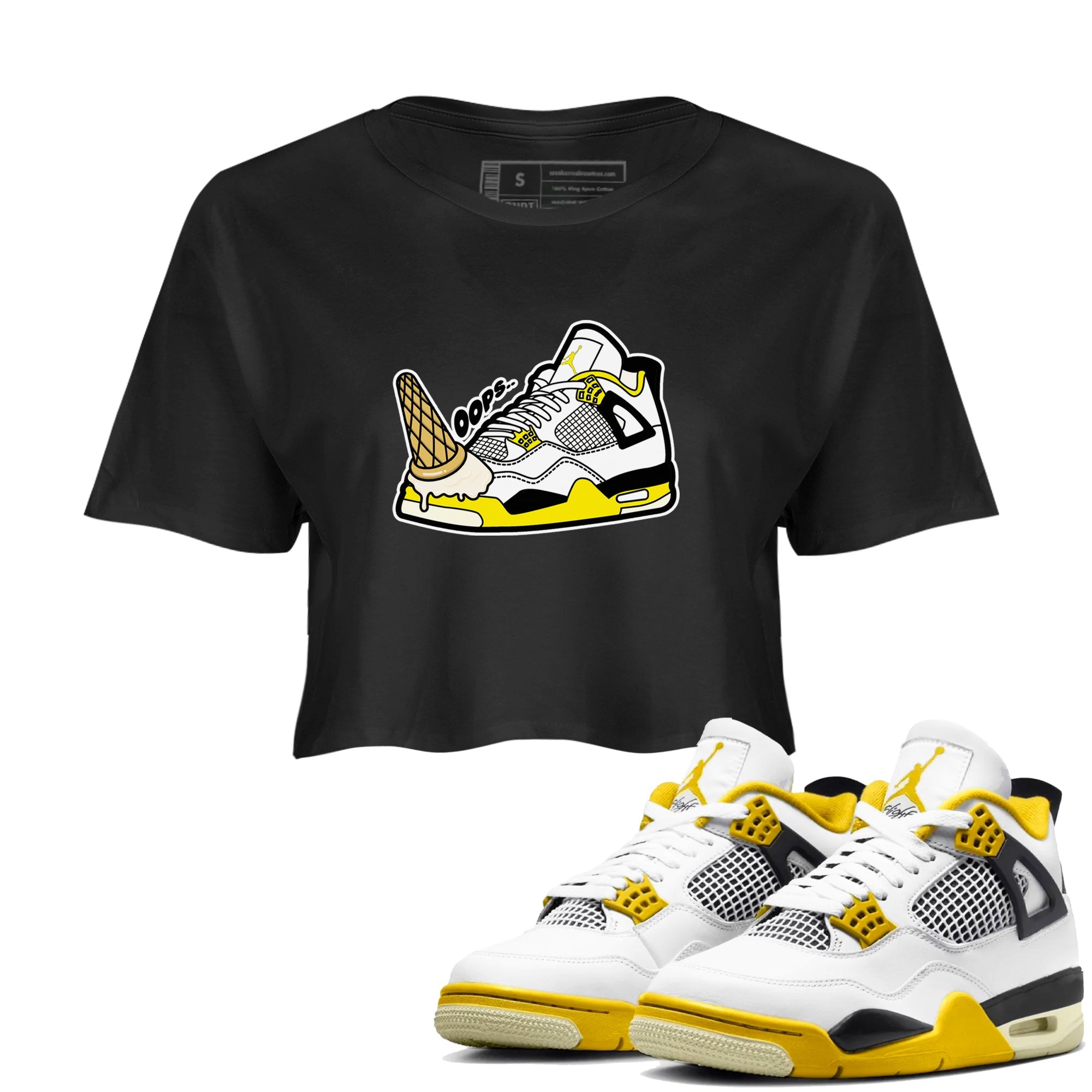 AJ4 Vivid Sulfur shirt to match jordans Dropped Ice Cream sneaker tees Air Jordan 4 Vivid Sulfur Drip Gear Zone Black 1 crop length shirt