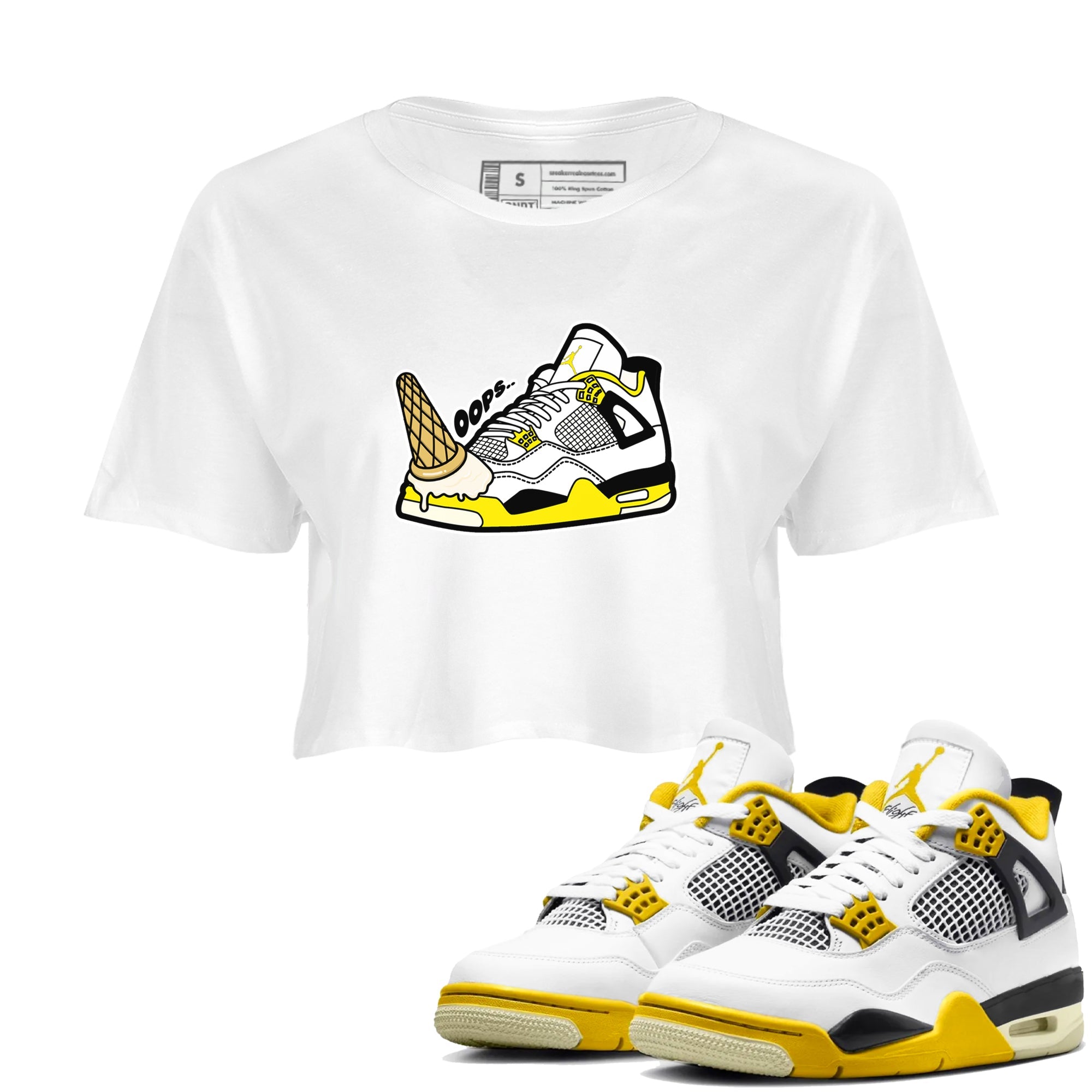 AJ4 Vivid Sulfur shirt to match jordans Dropped Ice Cream sneaker tees Air Jordan 4 Vivid Sulfur Drip Gear Zone White 1 crop length shirt