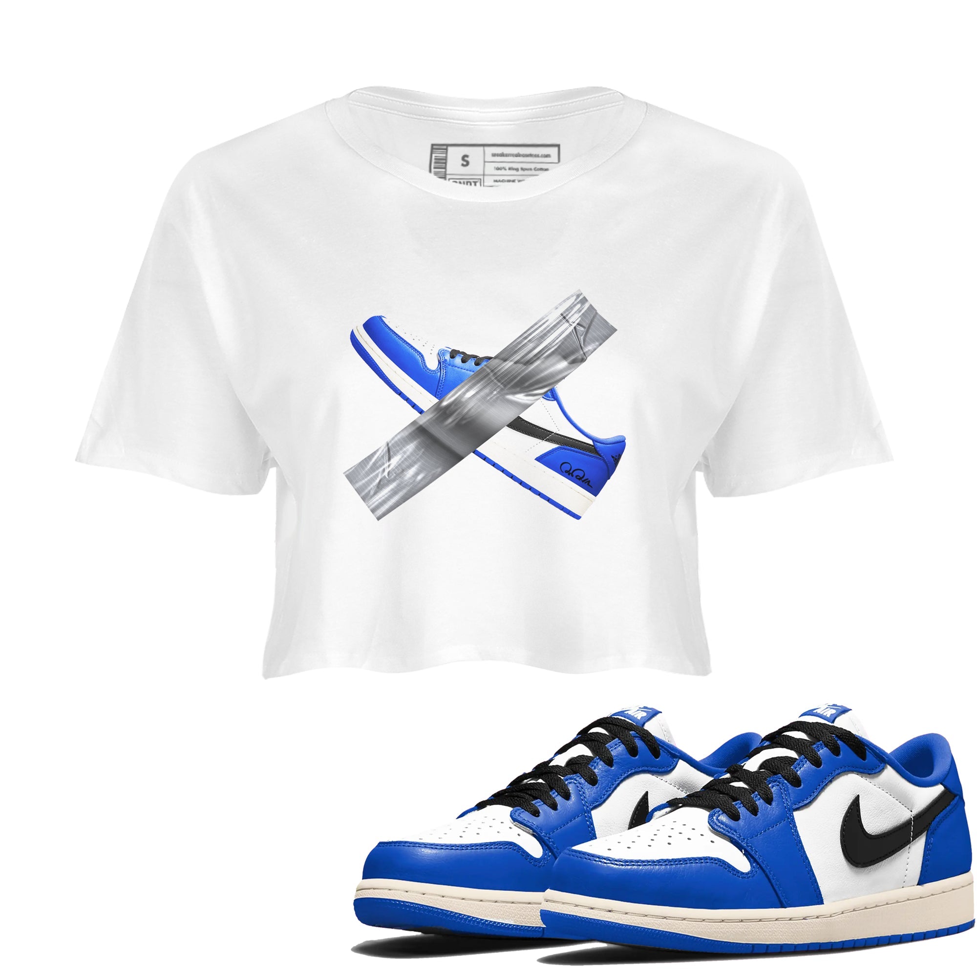 AJ1 Game Royal shirt to match jordans Duct Tape sneaker tees Air Jordan 1 Game Royal Drip Gear Zone White 1 crop length shirt