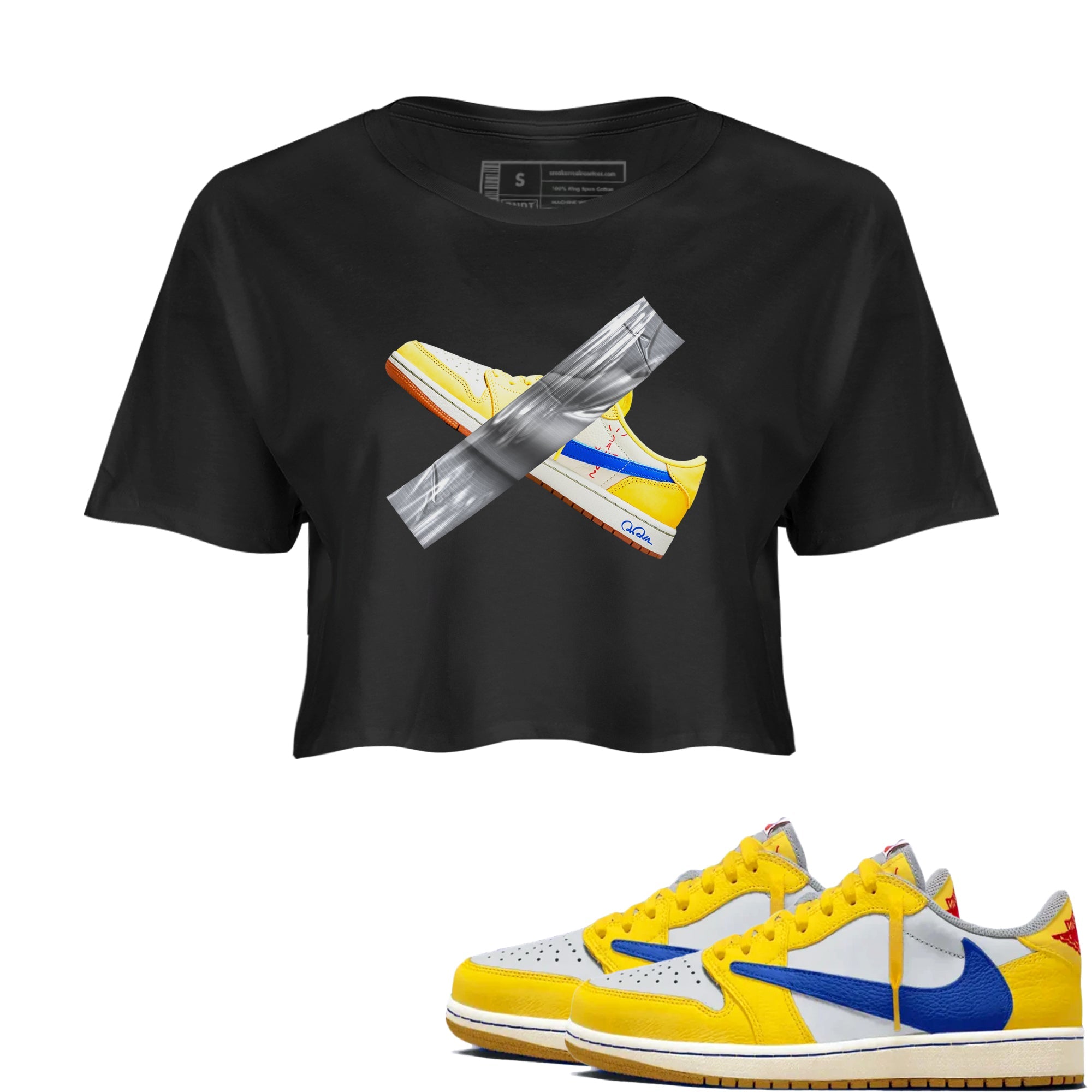 1s Travis Scott Canary shirt to match jordans Duct Tape sneaker tees Air Jordan 1 Travis Scott Canary Drip Gear Zone Black 1 crop length shirt