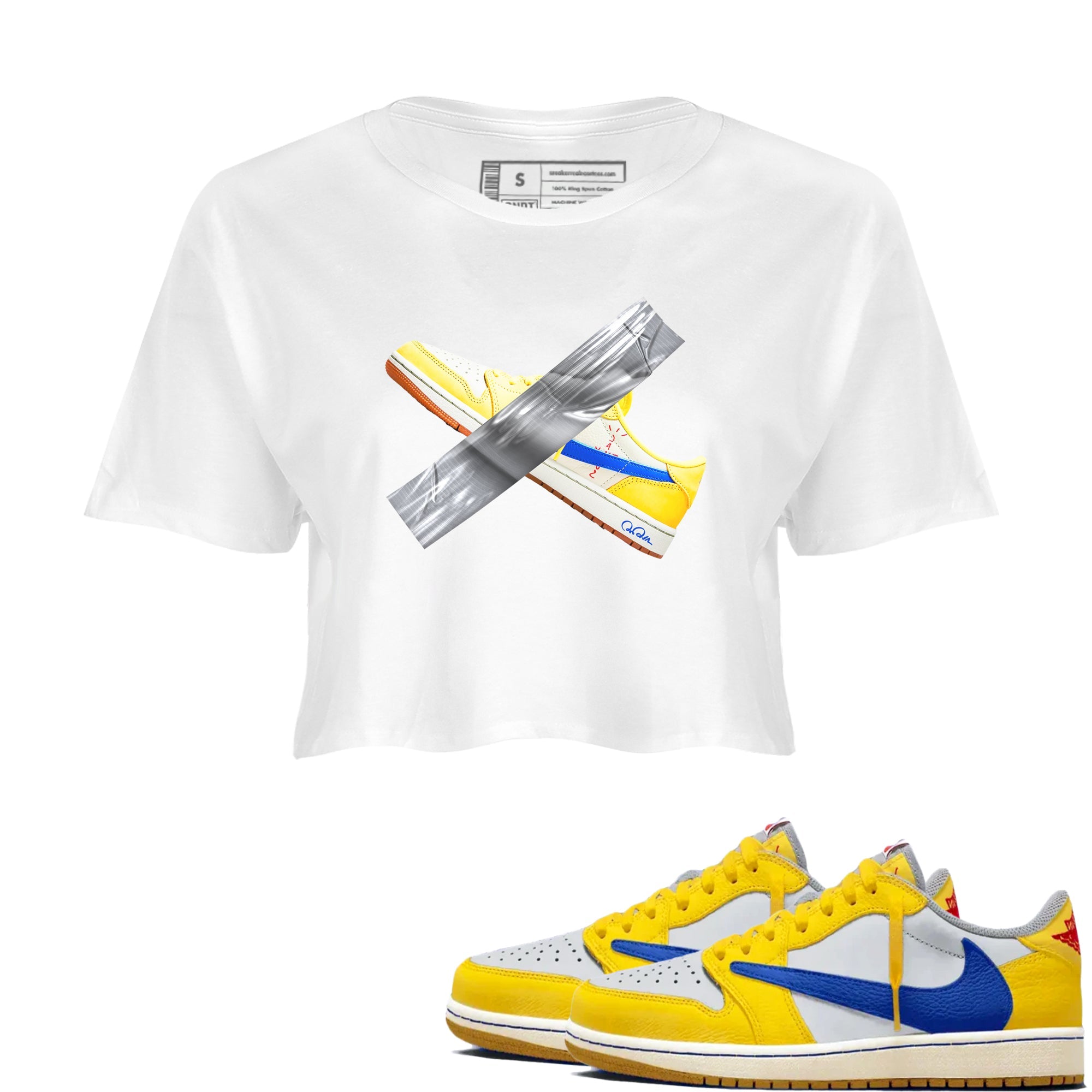 1s Travis Scott Canary shirt to match jordans Duct Tape sneaker tees Air Jordan 1 Travis Scott Canary Drip Gear Zone White 1 crop length shirt