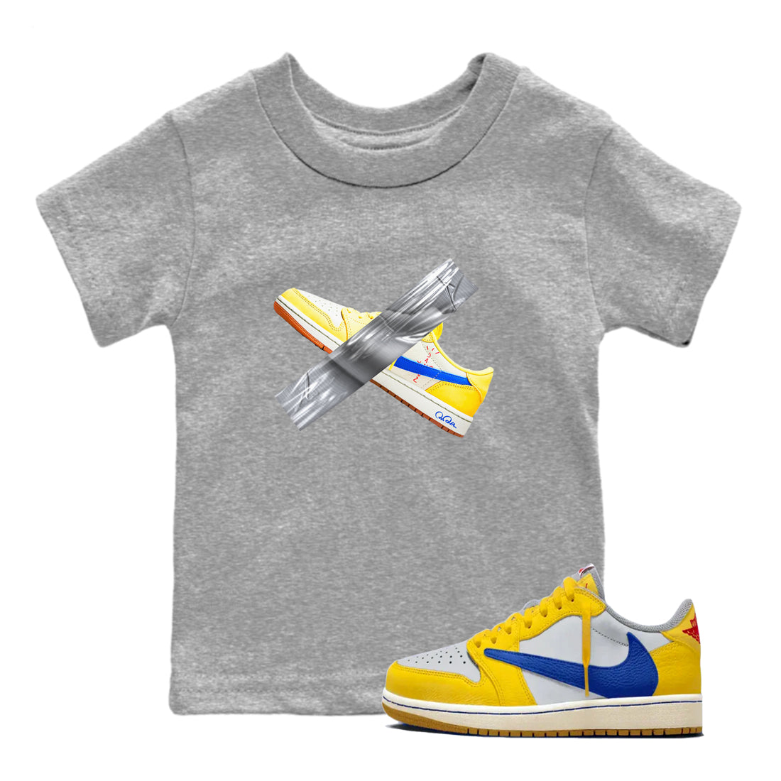 1s Travis Scott Canary shirt to match jordans Duct Tape sneaker tees Air Jordan 1 Travis Scott Canary Drip Gear Zone baby toddler Heather Grey 1 cotton Shirt