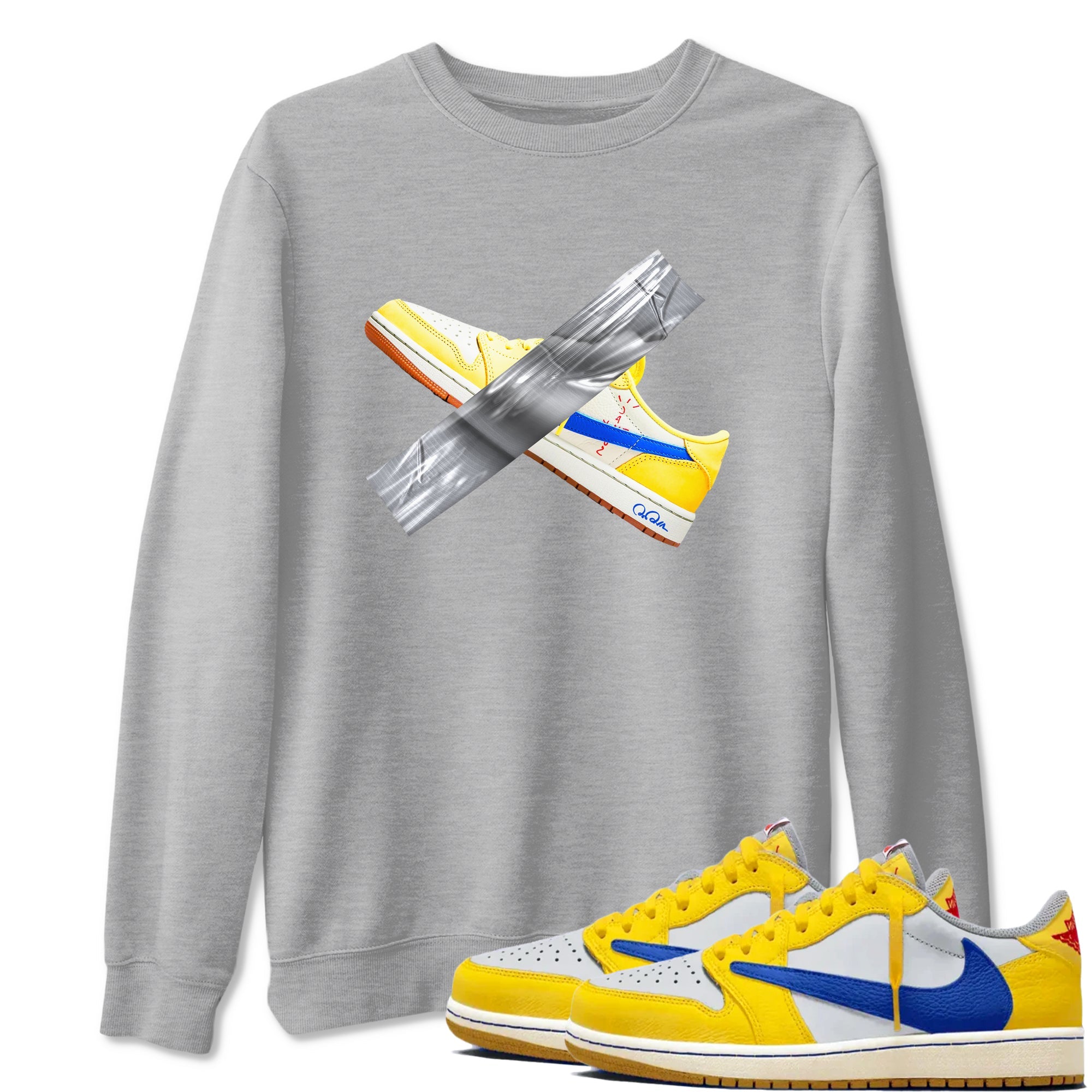 1s Travis Scott Canary shirt to match jordans Duct Tape sneaker tees Air Jordan 1 Travis Scott Canary Drip Gear Zone unisex cotton Heather Grey 1 crew neck shirt