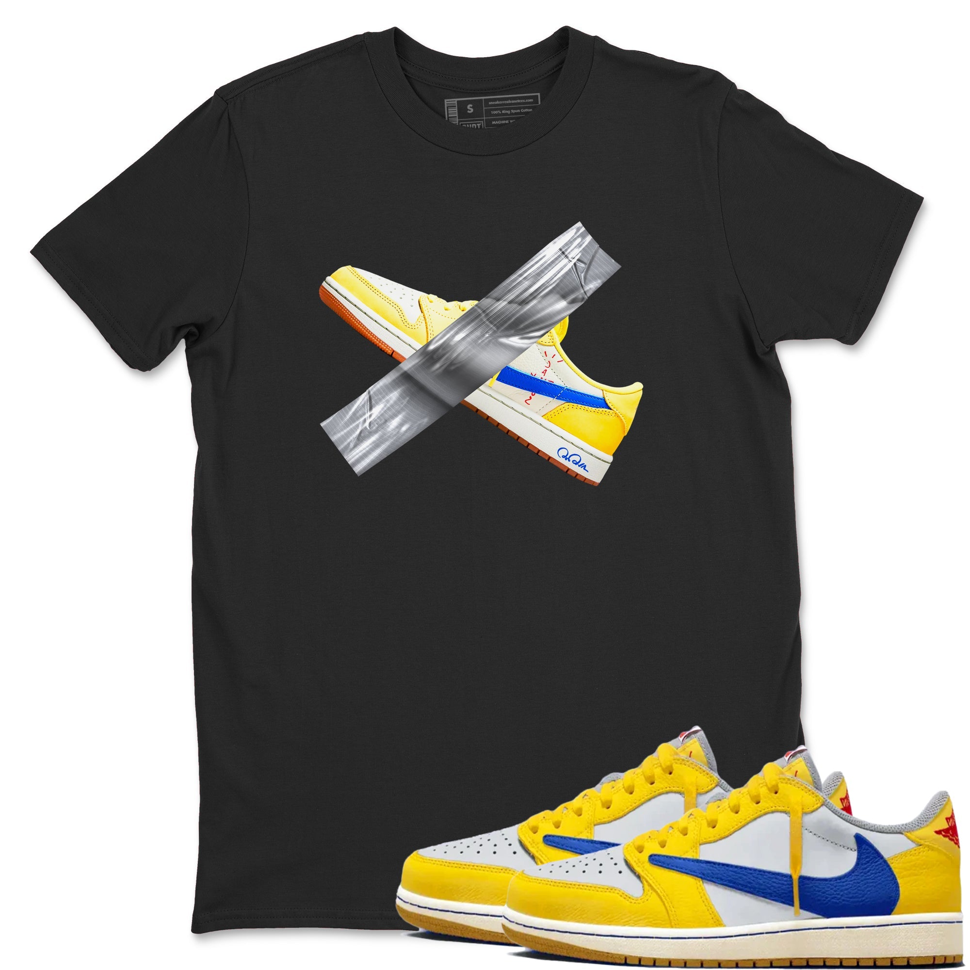 1s Travis Scott Canary shirt to match jordans Duct Tape sneaker tees Air Jordan 1 Travis Scott Canary Drip Gear Zone unisex cotton Black 1 crew neck shirt